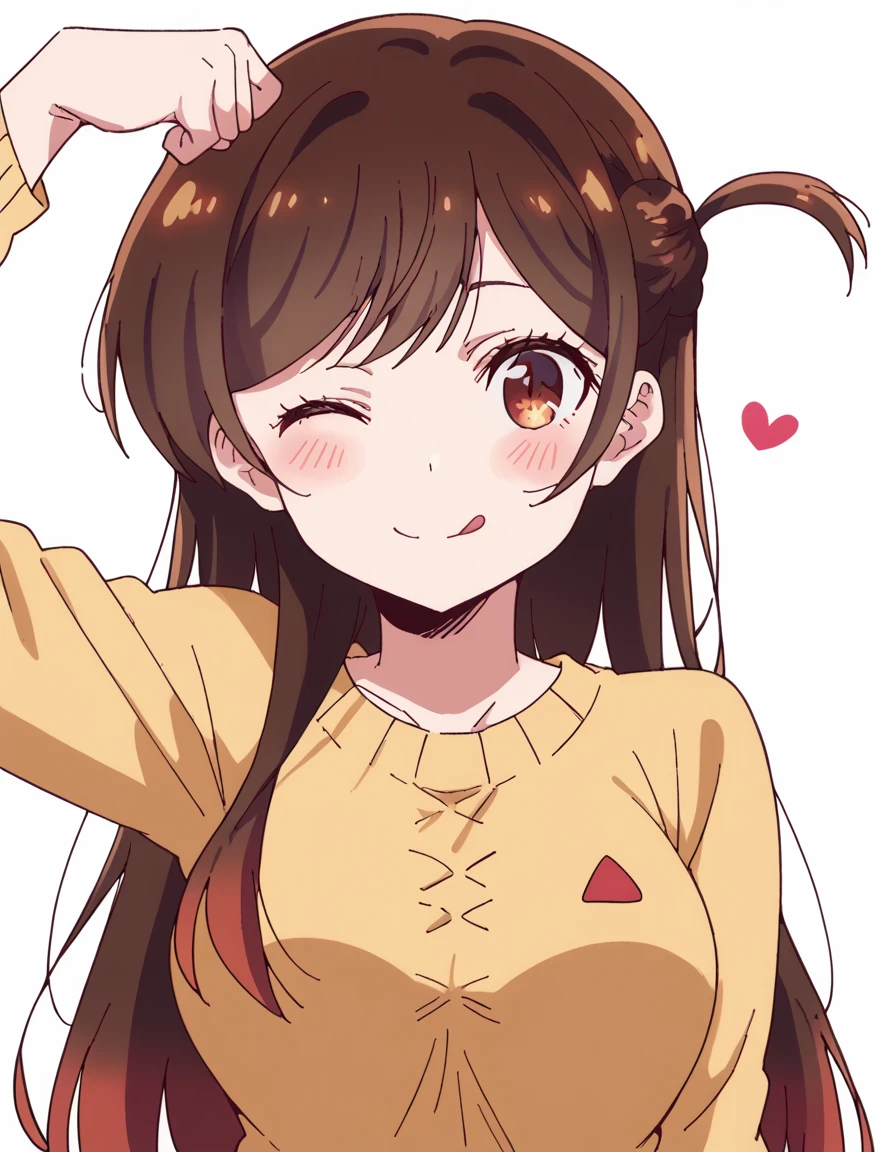 score_9, score_8_up, score_7_up, source_anime, <lora:chizuru-ichinose-s1-ponyxl-lora-nochekaiser:1>, chizuru ichinose, long hair, bangs, brown hair, brown eyes, one side up,, large breasts,, <lora:dojikko-pose-ponyxl-lora-nochekaiser:1>, dojikko pose, blush, heart, blush stickers, smile, tongue out, arm up, looking at viewer, one eye closed, ,