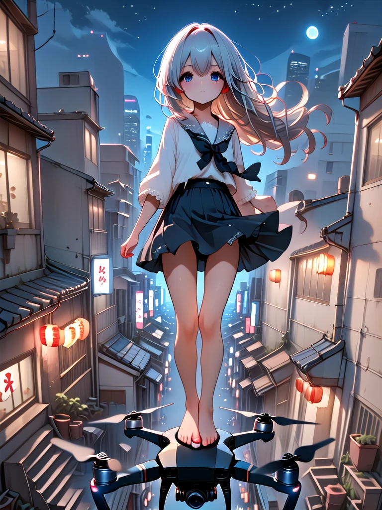 ((standling on aerial drone)), upper body, vanishing point, perspective, milf, 2girls, skirt, barefoot, floating hair, wind, horizon, skyline, scenery, cityscape, looking at viewer, from below, dutch angle, alley, street, storefront, <lora:girllikeaerialdrone:1>