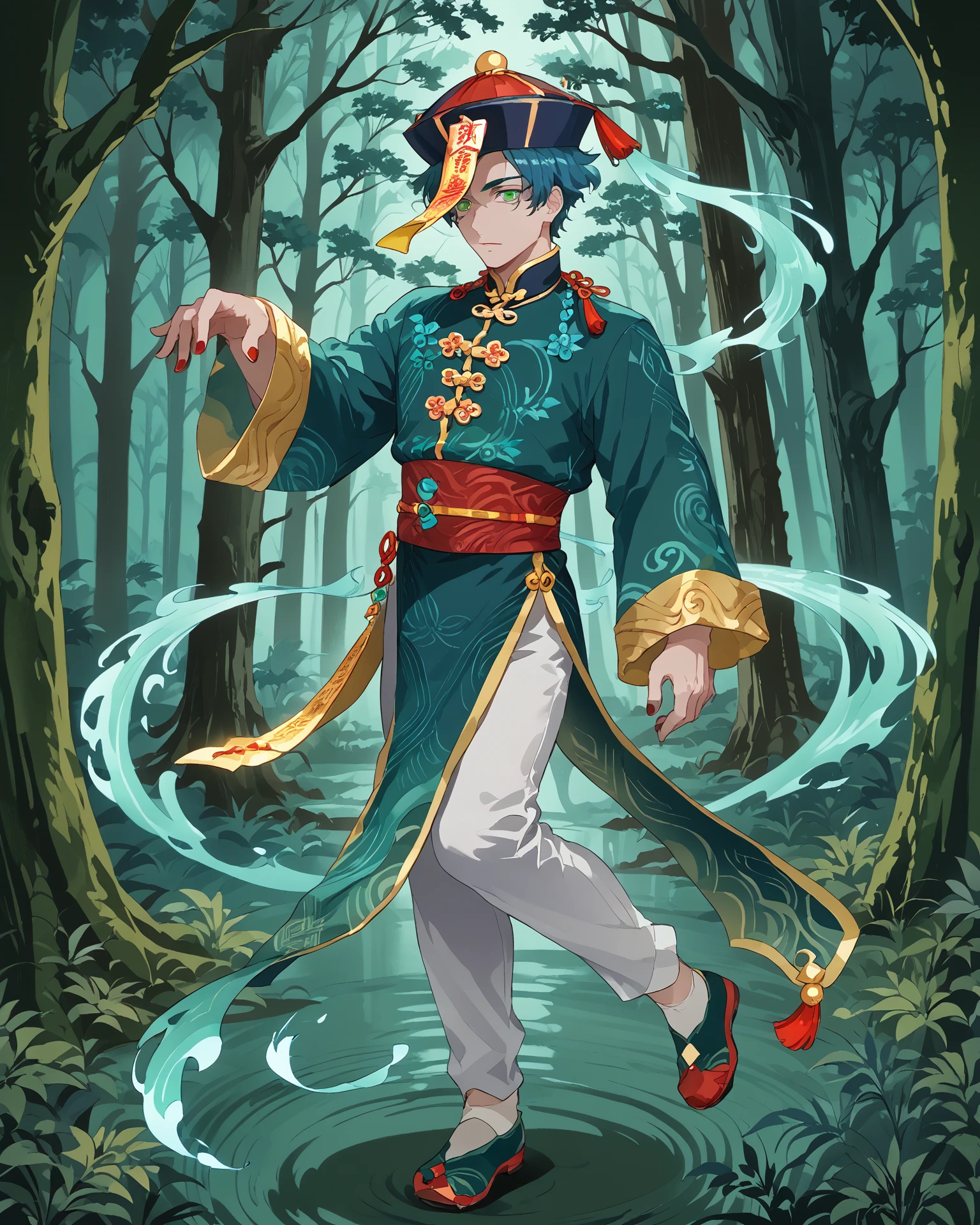 1boy, jiangshi, full body, standing on one leg, green eyes, blue hair, red nailpolish, eerie forest, extremely detailed clothing, jewelry, masterpiece, absurdres, extremely detailed, digital art, score_9, score_8_up, score_7_up, , <lora:CMRNM:1> CMRNM, <lora:Jiangshi_Pony:1>
