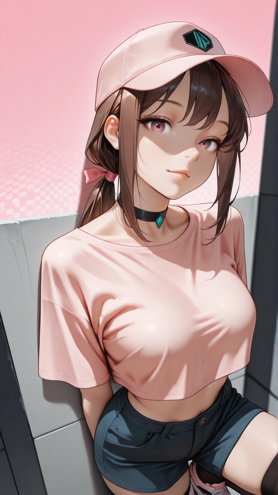 2d, masterpiece,best quality,amazing quality,very aesthetic,absurdres,newest,detailed eyes, A professional,high-quality, portrait of a woman.
upper body view,
1girl,woman, long straight hair, brown_haired_woman, low ponytail, black base cap, seablue eyes, scater girl, casual, thigh highs, sneakers, crop top, bare midriff, small waist, looking at viewer.
depth of field,focused subject,dynamic angle,dutch view,dynamic motion, cheeky, casual, squatting against a wall, one leg streched, feet angle, dynamic low angle.
(a pastel pink reij-bgacc background overlay, detailed background <lora:reijbgacc:1>).