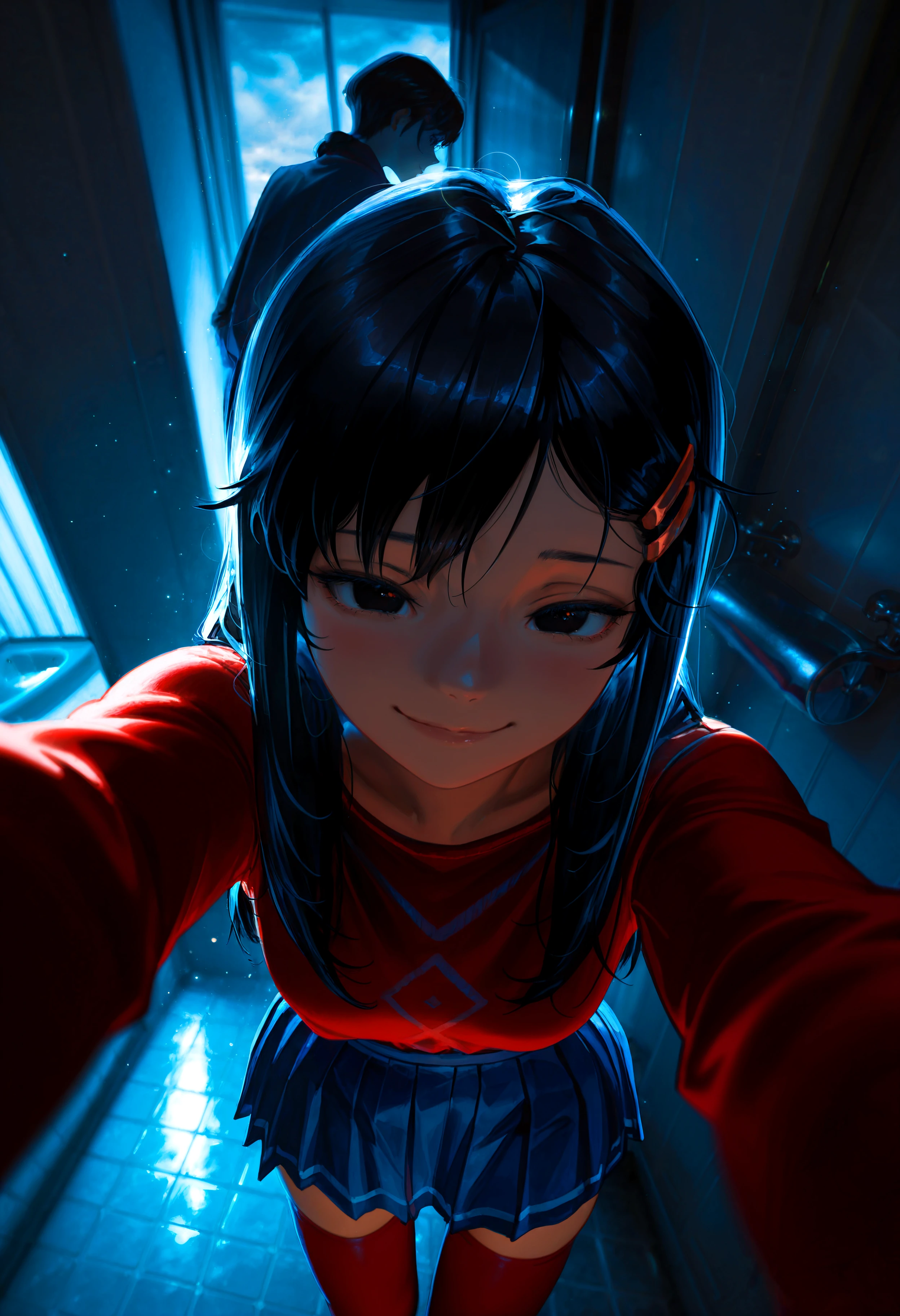 HDR, 8K, high contrast, masterpiece, best quality, amazing quality, very aesthetic, high resolution, ultra-detailed, absurdres, newest, scenery, (horikoshi kouhei:0.3), (quasarcake:0.3), (wlop:0.3), light rays, godrays, chiaroscuro, dynamic angle, from above, ms_kind_mita, black eyes, blue hair, black hair, long hair, bangs, hairclip, long sleeves, red sweater, blue skirt, pleated skirt, red thighhighs, zettai ryouiki, selfie pov, perspective, eye contact, suggestive smile, dynamic pose, bathroom stall, overcast, dark, BREAK, photorealistic, beautiful detailed eyes, detailed skin, detailed hair, volumetric lighting, dappled light, light particles, dramatic shadows, cinematic lighting, photo background, depth of field, <lora:ponyxl\cfg_scale_boost:0.7> <lora:IL\KMS_MiSIDE_Mita_x6_IL:0.8>