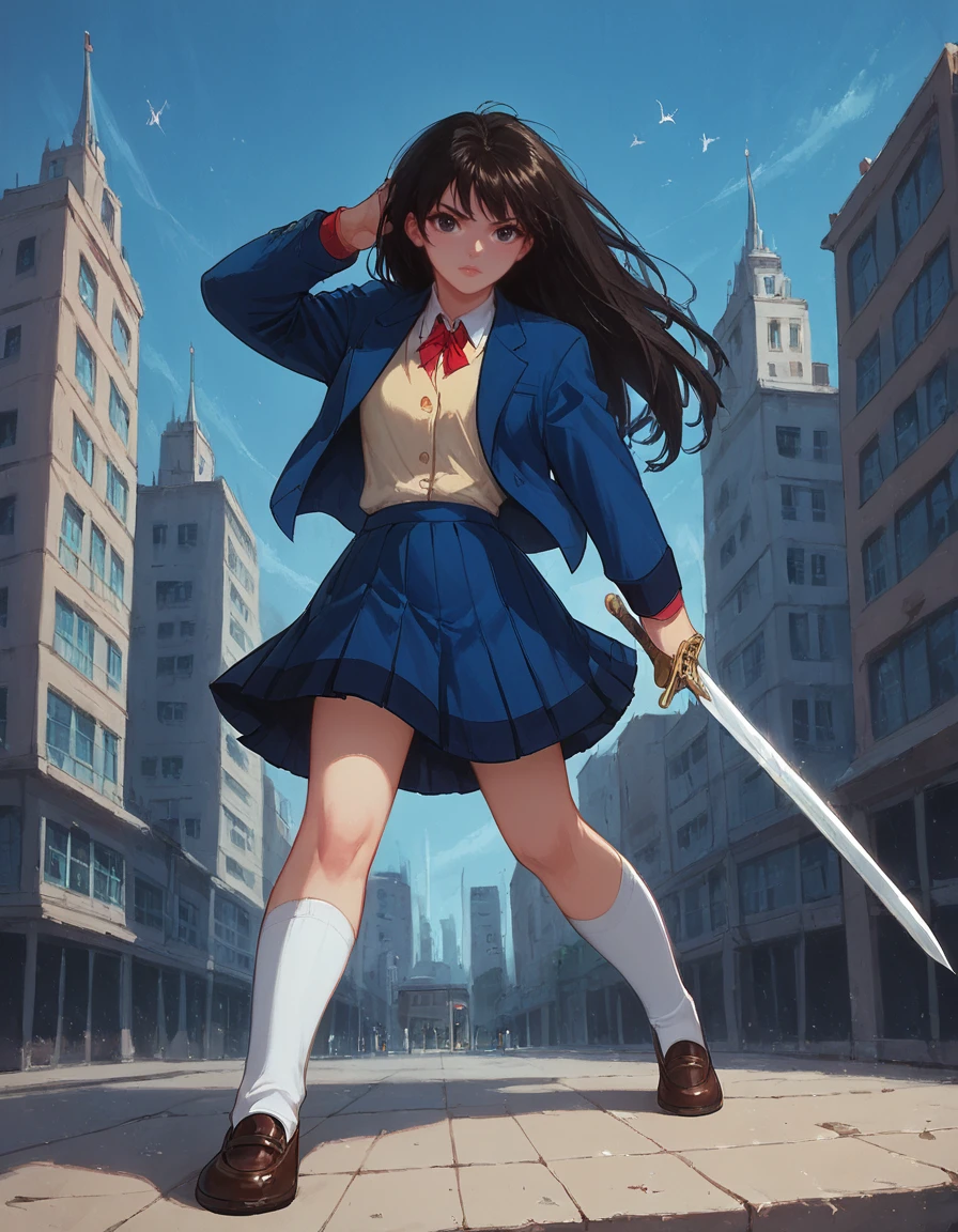 score_9, score_8_up, score_7_up, zPDXL, masterpiece, source_anime<lora:sn0wStyle:1> <lora:HKHorrorXL:1>1girl, solo, black hair, school uniform, long hair, weapon, skirt, 1sword, black eyes, socks, jacket, setsuna saizuki<lora:Setsuna_Saizuki_Evil_Zone:0.8>outdoor city, dynamic pose