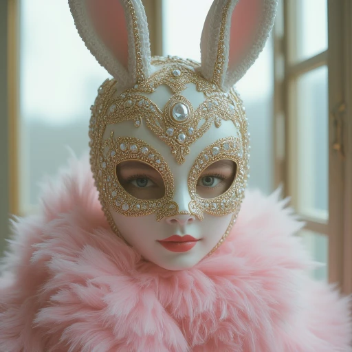 This is a highly detailed, hyper-realistic digital illustration of a stylized, fantastical figure. The subject is a woman with porcelain skin and a serene, enigmatic expression. She wears an elaborate, ornate mask that resembles a rabbit's head, adorned with intricate, shimmering gold and white details, including long, bunny ears and a jeweled forehead piece. The mask is studded with pearls and gemstones, giving it an opulent, regal appearance. Her face is framed by a lush, voluminous, soft pink feather boa that cascades down her shoulders, adding a touch of whimsical elegance.