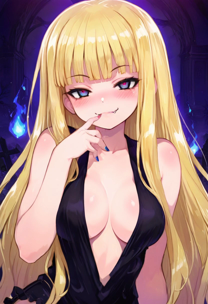 masterpiece, score_9, score_8_up, score_7_up, EasyNegative_v2, 
(best quality:1.1),ultra-detailed, high resolution, super detailed skin, beautiful detailed eyes, Brightly Lit, Highly Visible, 8k, sharp focus, perfect lighting, beautiful eyes, extremely detailed eyes, (smooth edges), beautiful face, 
 smile, smile, embarrassed, blush, 
(21 year old model), , 
 zzEvangeline, blue eyes, blonde hair, long hair, blunt bangs, dress, plunging neckline, very long hair, fang, nail polish, black dress, , graveyard, purple theme, blue flames, spooky