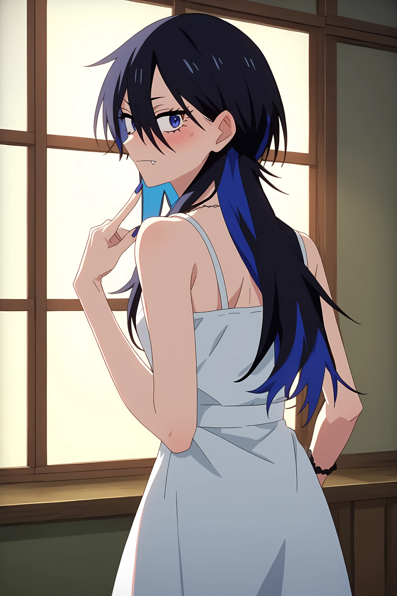 score_6_up, score_5_up, score_4_up, score_9, score_8_up, score_7_up, highly detailed, anime_source, anime_screencap, anime coloring, 1girl, solo, long hair, bangs, blue eyes, black hair, hair between eyes, blue hair, multicolored hair, two-tone hair, colored inner hair, dress, fang, okami-chan, <lora:RGV_okami-chan:0.8>, indoor, from behind, looking back, looking at viewer, embarrassed, blushing, shy, finger to lips, shushing