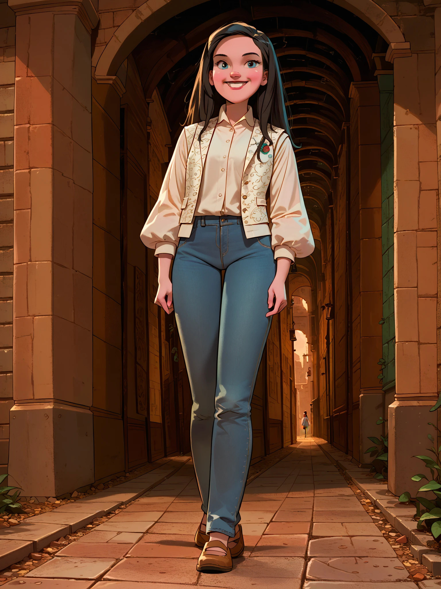 <lora:jmoz_pony:1> jmoz style, toon \(style\), score_9, score_8_up, score_7_up, score_6_up, smiling, walking, looking at viewer,
<lora:Sara_Williams_-_Labyrinth:0.7> labyrinth_sara_williams, 1girl, solo, black hair, long hair, white shirt, long sleeves, puffy sleeves, white vest, patterned fabric, jeans, leather shoes
