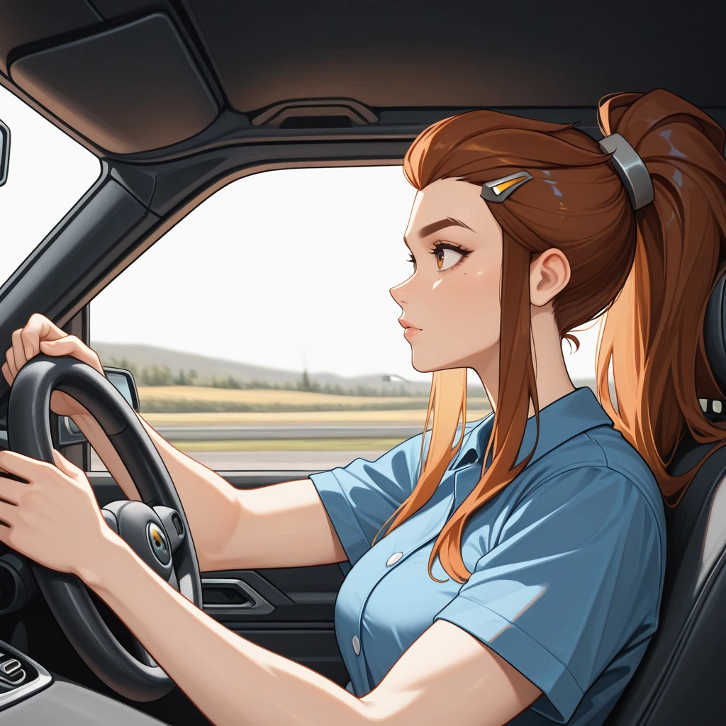 <lora:Driving_-_IL:0.8> dr1v3, car interior, motor vehicle, steering wheel, driving, sitting, 1girl, solo, brigitte, overwatch     , masterpiece, best quality, good quality, newest