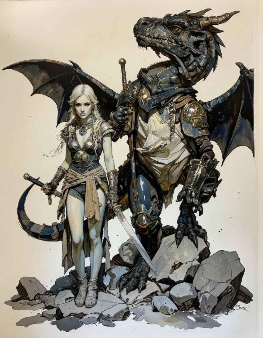 An attractive female barbarian dressed in an Arab warrior style, battle armor, holding sword, standing next to her large dragon companion, they stand in front of some rocks and boulders, in the style of Sam Weber and Clyde Caldwell, in the style of Dave Dorman, dragoncore-inspired concept art for Dungeons & Dragons, with high levels of detail. <lora:Comic_book_opus_3:1>