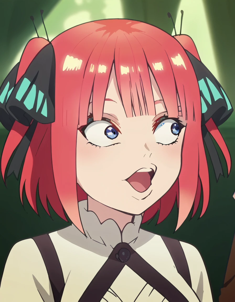 score_9, score_8_up, score_7_up, source_anime, <lora:nnakano-s2-ponyxl-lora-nochekaiser:1>, short hair, bangs, blue eyes, hair ornament, hair ribbon, pink hair, blunt bangs, two side up, butterfly hair ornament, large breasts, anime screencap,, <lora:pogchamp-ponyxl-lora-nochekaiser:1>, pogchamp, pogchamp (meme), open mouth, looking to the side, ,