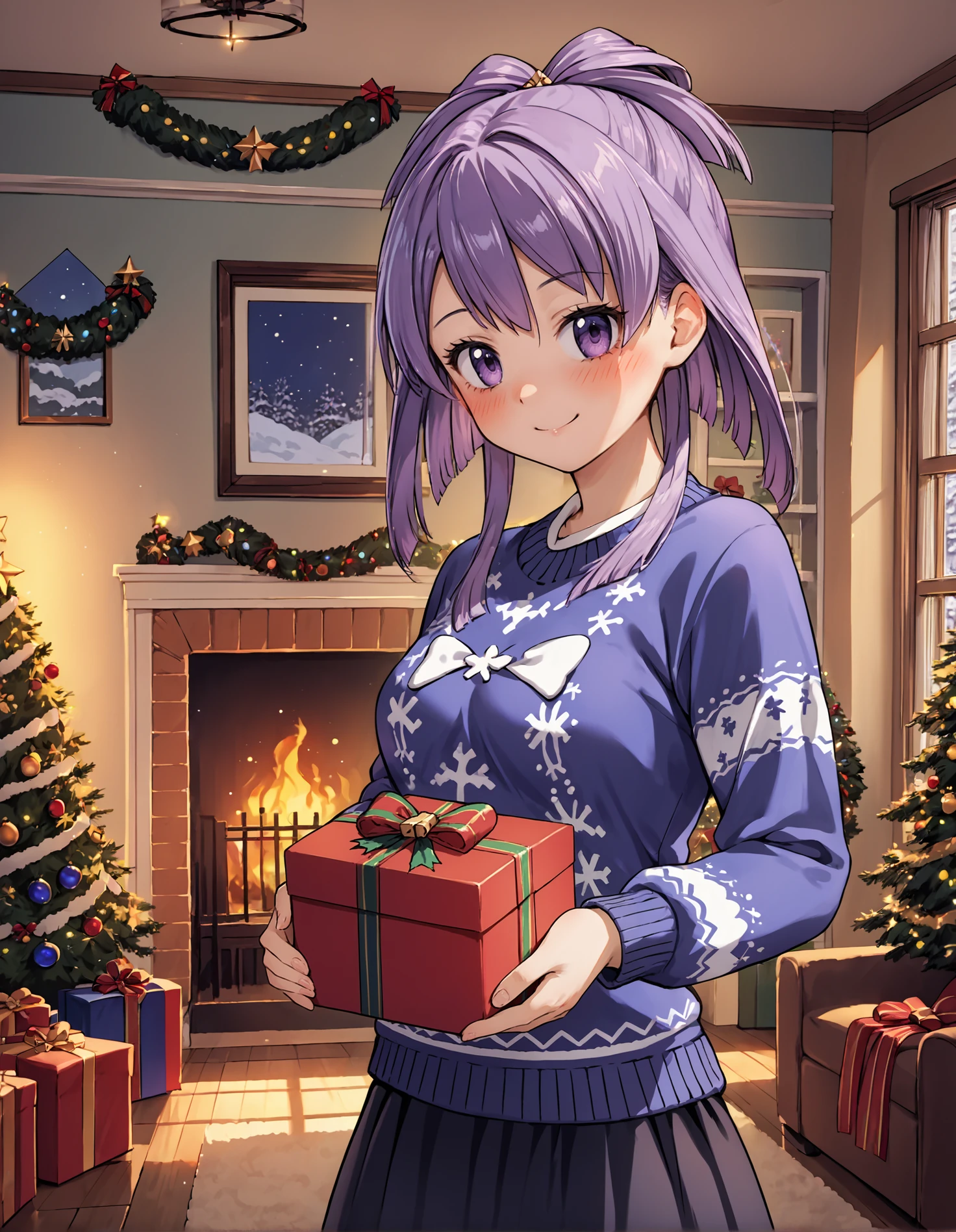 score_9, score_8_up, source_anime, 1girl, upper body, medium shot, detailed, mgrcaikahimena, purple hair, purple eyes, half undo, blue christmas sweater, black skirt, blush, light smile, indoors, room, evening, christmas, holding gift, (side view:0.8), <lora:mgrcaikahimena_XL:0.9>