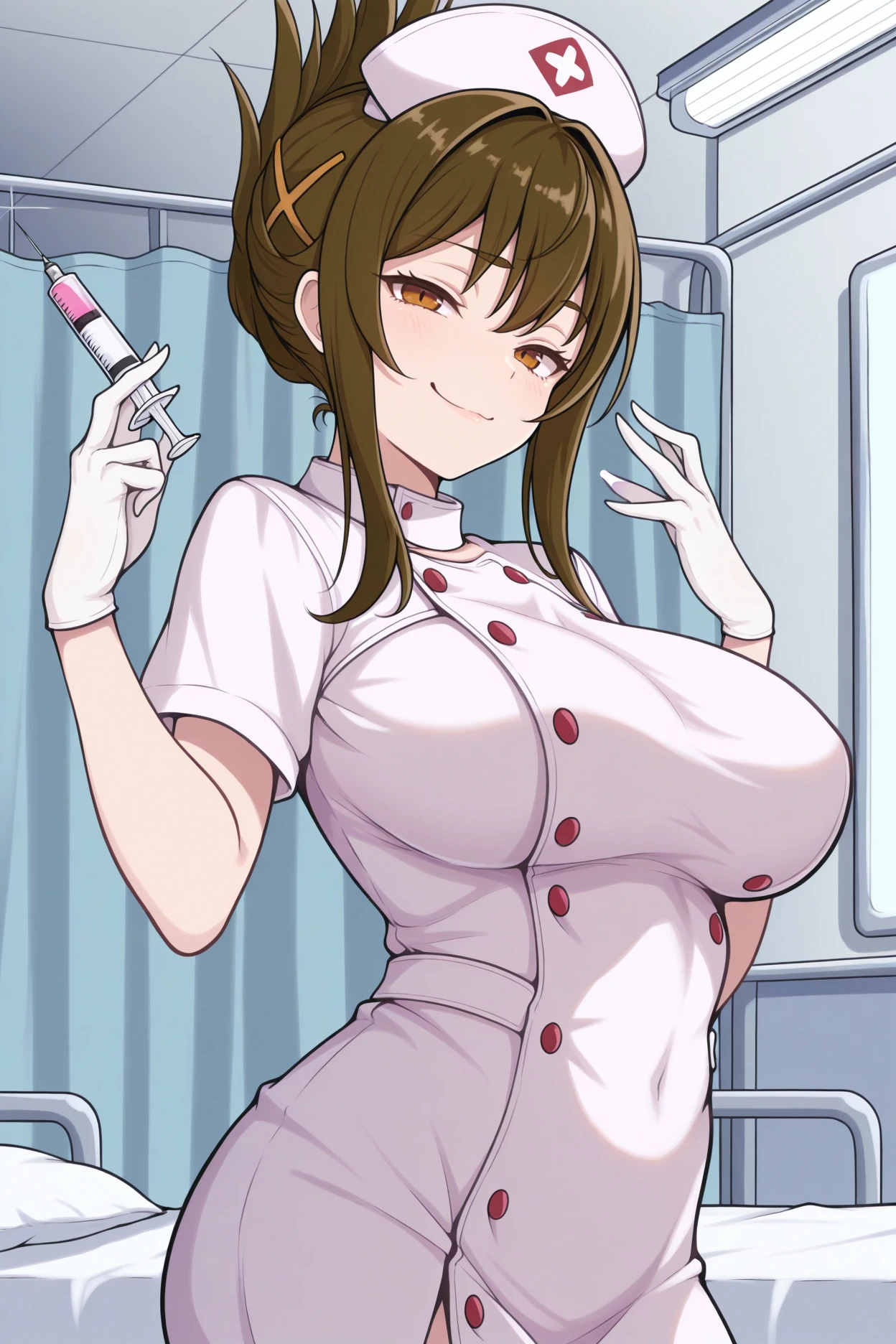 masterpiece, best quality, 1girl, solo, <lora:srtchitose-illu-nvwls-v1-000006:1> srtchitose, brown hair, folded ponytail, amber eyes, hair ornament, large breasts, nurse hat, nurse uniform, holding syringe, smug, hospital room, looking at viewer, white gloves