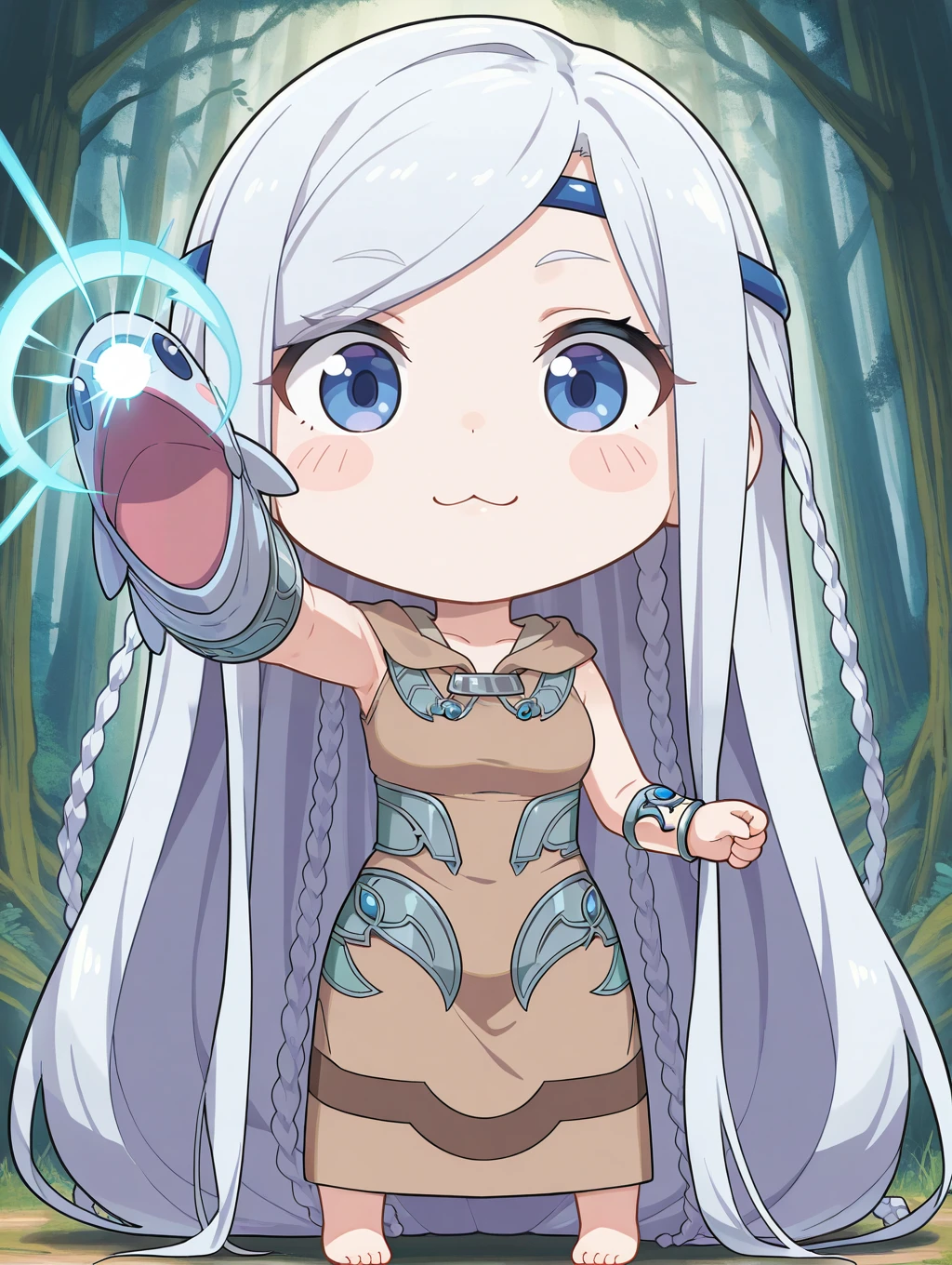 maiden with eyes of blue, 1girl, solo, chibi, :3, barefoot, brown dress, looking at viewer, absurdly long hair, full body, blue circlet, silver bracelet, puppet gloves, forest, blush stickers, aiming at viewer, energy ball, 
masterpiece,best quality,amazing quality,very aesthetic,absurdres,newest, <lora:Maiden with Eyes of Blue illuXL v1.11:0.7>