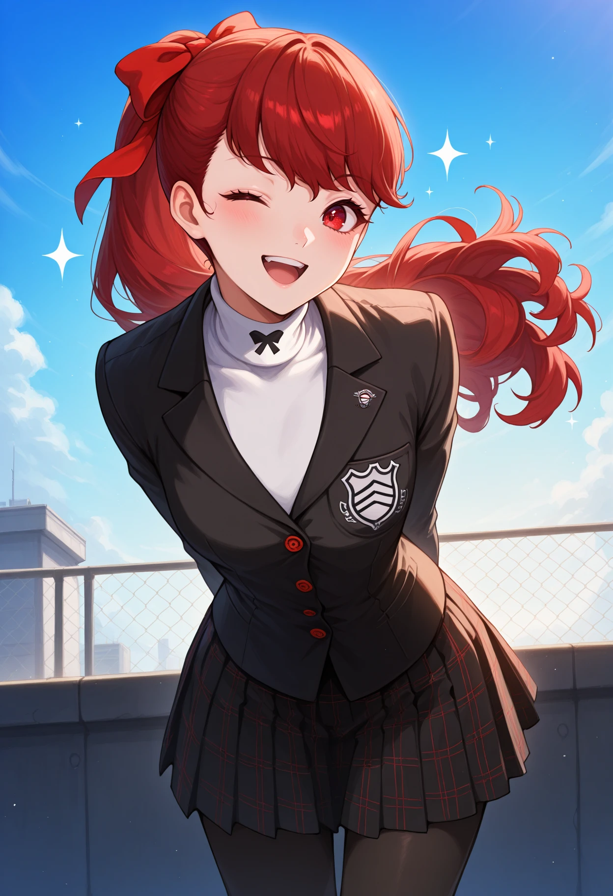 masterpiece, best quality, 1girl, looking at viewer, smile, leaning forward, arms behind back, wink, open mouth, upper teeth only, sparkle, <lora:KasumiP5-illu:1> ogSumi, red hair, long hair, ponytail, hair bow, red bow, swept bangs, red eyes, shuujin academy school uniform, black blazer, white turtleneck, black bowtie, plaid skirt, pleated skirt, black pantyhose, rooftop, blue sky