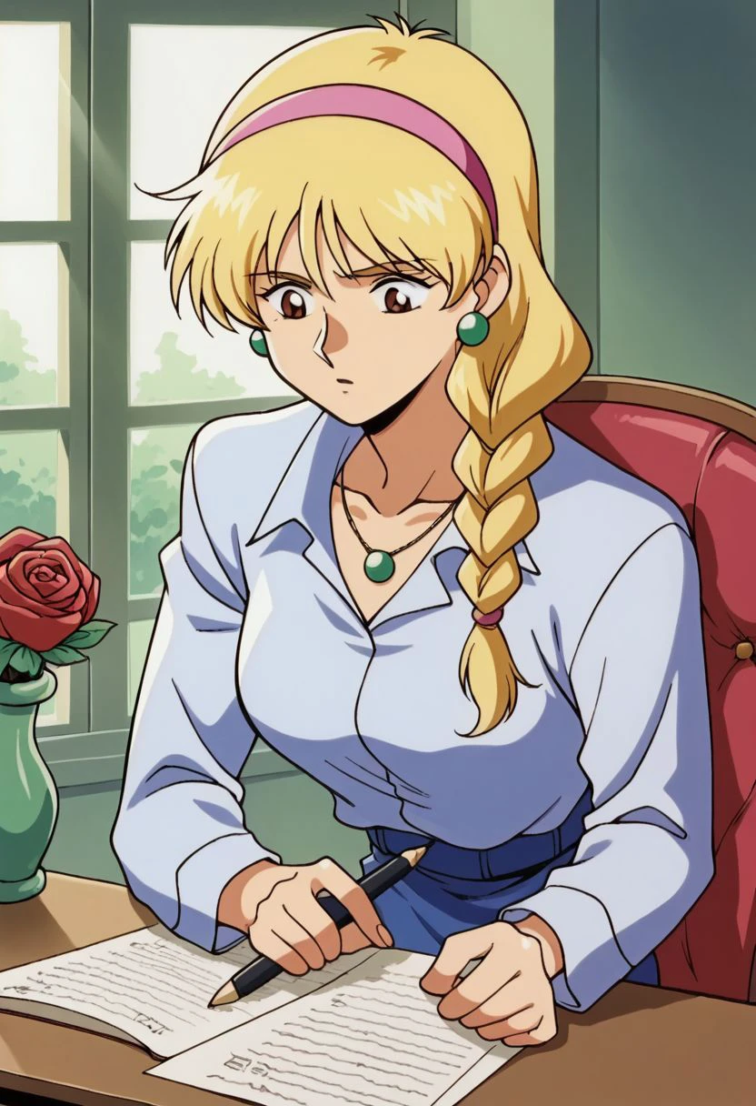 score_9, score_8_up, score_7_up, score_6_up, source_anime, anime coloring, retro artstyle, 1990s \(style\), BREAK 1girl, solo, 1girl, solo, katejina loos, blonde hair, long hair, ponytail, braid, pink hairband, brown eyes, medium breasts, earrings, BREAK white collared shirt, collarbone, necklace, blue skirt, long skirt, black pantyhose, boots, BREAK cowboy shot, (indoors, living room, sitting, chair, table, writing, holding pen, paper, writing, book, vase, rose, window, light rays), upper body, BREAK 4KUHD, (masterpiece, best quality, highly detailed, absurdres), <lora:katejina_gdmv_pony:0.8>