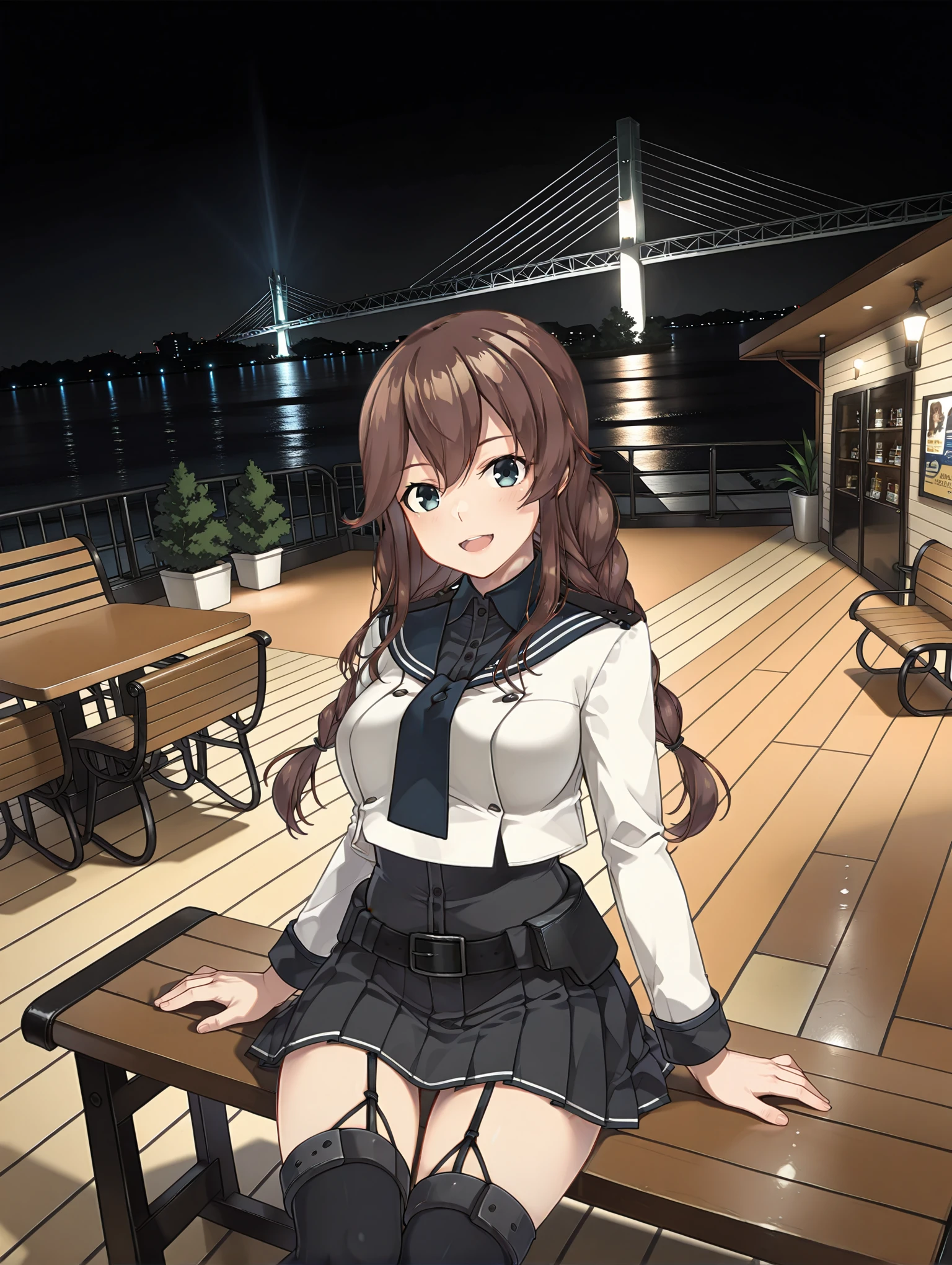 masterpiece,best quality,amazing quality,1girl,solo,
<lora:noshiro_k2_ilxl_v1:1>,noshiro,twin braids,n_clothes,garter_straps,black_thighhighs,
<lora:Fixhands_anime_bdsqlsz_V1:1>,
looking_at_viewer,<lora:commercial_facility00_ilxl_v1:1>,c_f00,night,night sky,sky,bridge,ocean,
chair,table,bench,english text,building,cafe,ceiling light,city lights,crosswalk,dark,lamp,lamppost,cityscape,plant,clock,poster \(object\),railing,convenience store,restaurant,shop,road,skyscraper,stairs,street,window,tree,bush,
wooden floor,
potted plant,face_focus,dutch angle,front view,upper_body,light_blush,from_above,:d,sitting_on_bench,