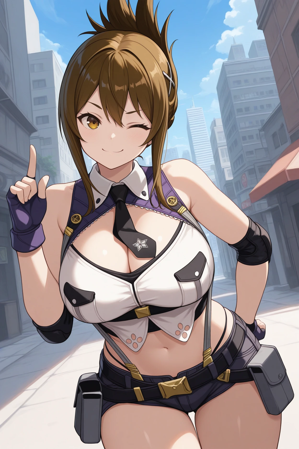 masterpiece, best quality, 1girl, solo, <lora:srtchitose-illu-nvwls-v1-000006:1> srtchitose, brown hair, folded ponytail, amber eyes, hair ornament, shirt collar, white crop top, sleeveless, black necktie, cleavage, midriff, suspenders, black shorts, short shorts, belt, pouch, elbow pads, fingerless gloves, knee pads, large breasts, looking at viewer, upper body, smile, smug, wink, blue sky, city, street