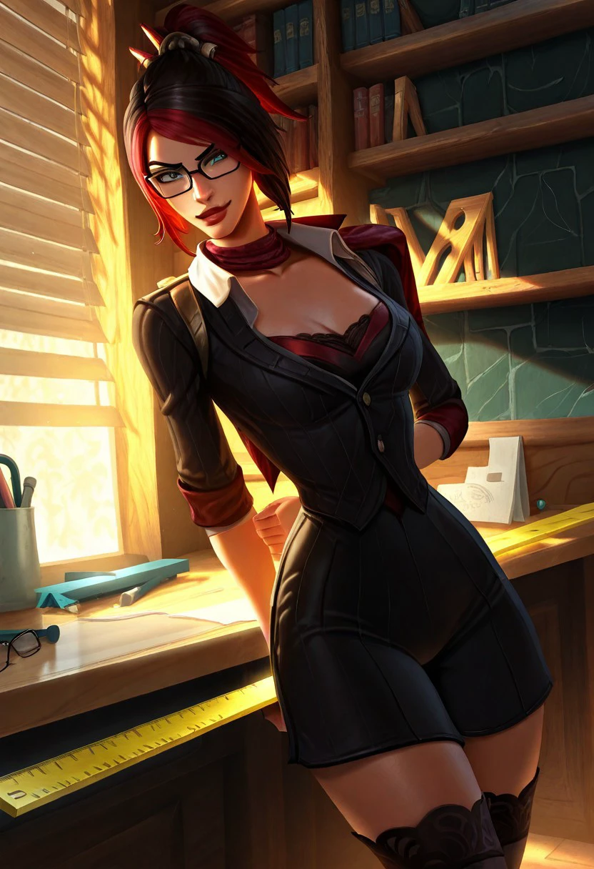 masterpiece, best quality, newest, absurdres, highres,  LORstyleIL-V1.0, 1girl, FioraheadmistressIL-V1.0, thighigs, glasses, multicolored hair, clevag,e red hair, black hair, ruler, holding ruler