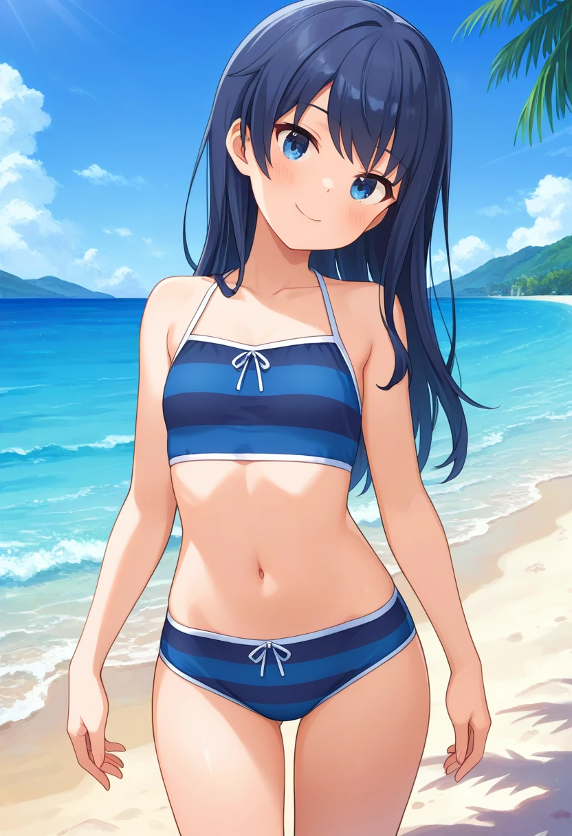 masterpiece, best quality, absurdres, very aesthetic, general, 1girl, mtmdef, bluescreen, dark blue hair, long hair, striped swimsuit, midriff, beach, blue sky, head tilt, smile, looking at viewer, <lora:ILmutsumiAGA:0.8>