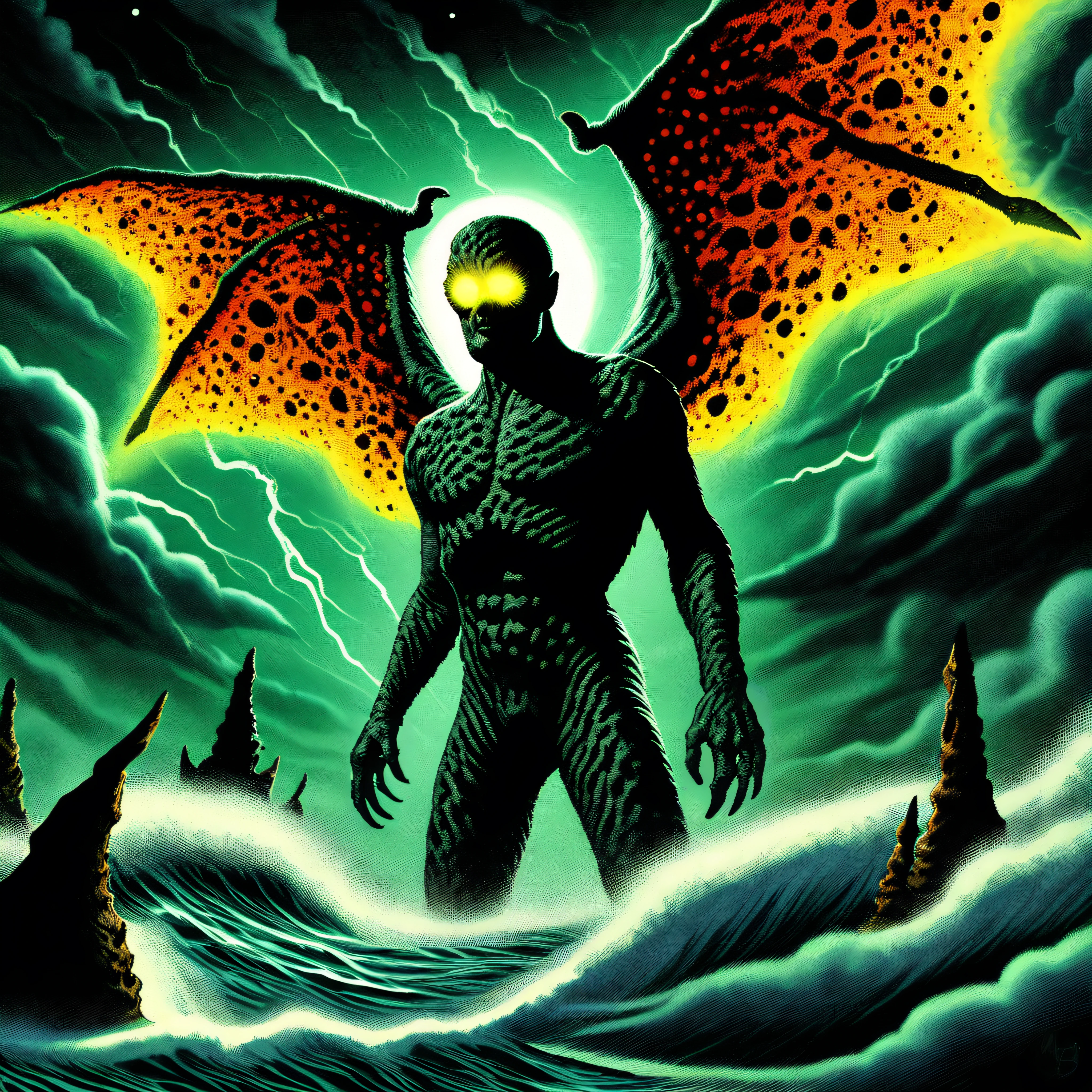 <lora:VintageComix_Pony_v10:1>, VintageComix, vintage, retro aesthetic, comic art, cosmic horror, horror (theme), creepy, 1other, solo, eldritch abomination, lovecraftian, tentacles, monster, kaijuu, giant, ocean waves, lightning, cloudy sky, glowing eyes, leathery wings, tenebrism, dark shadows, sharp, highly detailed, high resolution