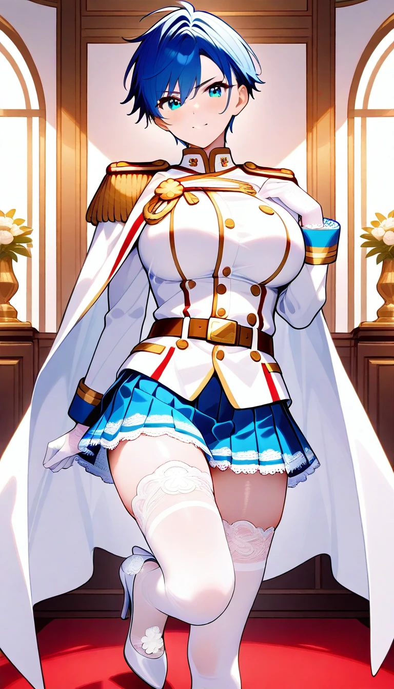 masterpiece, best quality, very aesthetic, absurdres, indoors, solo, cowboy shot,
a adult tomboy with perfect female body and large breasts wearing white and blue military uniform with epaulettes and aiguillette and (military white jacket with white long sleeves:1.4) and white buttoned shirt on top and (white lace trim bridal gloves:1.2) on hands and (white cape with shoulder cape:1.2) on shoulders and brown belt with gold belt buckle and (pleated blue miniskirt with white stripes:1.3) on bottom and (white thighhighs with floral lace trim:1.2) on legs and (white high heels:1.2) on feet and gentle face