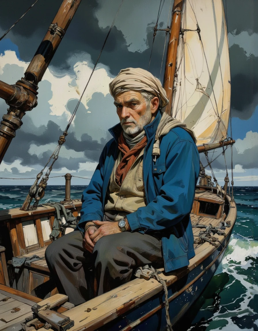 A movie shot of 80 yo old male fisherman sailor man sitting on deck of old dilapidated wooden sailboat, stormy sea, gloomy dark clouds on background. <lora:Comic_book_opus_3:1>