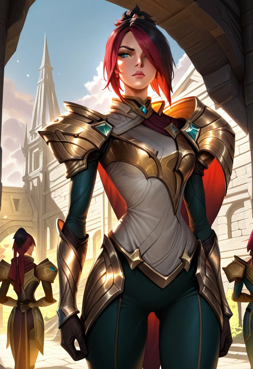 masterpiece, best quality, newest, absurdres, highres, solo, solo focus, 1girl, FioraBaseSkinIL-V1.0, red hair, multicolored hair, black hair, shoulder armor, armor, hair over one eye,