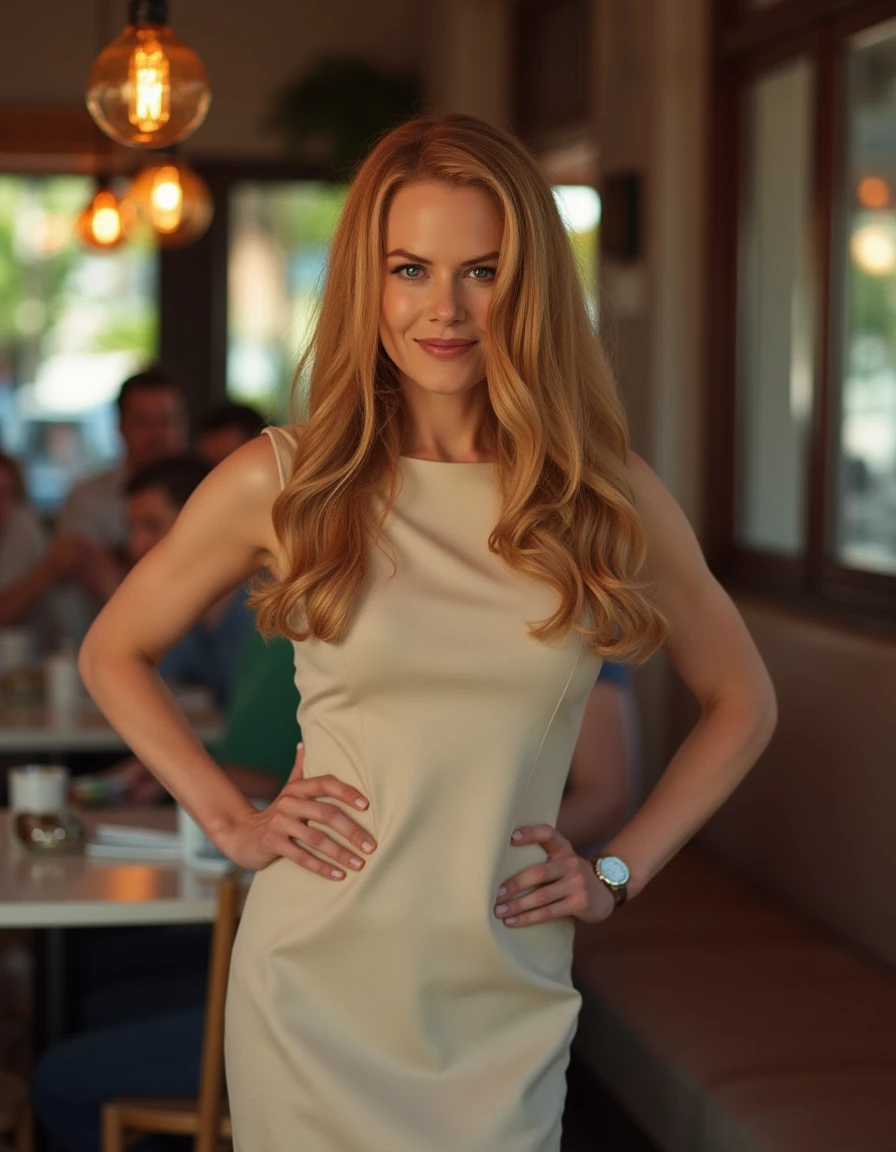 <lora:Nicole_Kidman_Flux:1.1> This is a beautiful photograph of a woman, blonde hair styled in loose waves that fall past her shoulders. She is wearing a boatneck dress. Standing in a cafe hand on hip. Looking at the viewer. Smile.