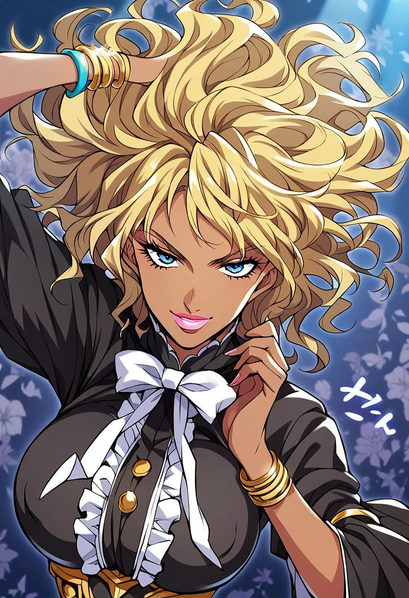 SherryCromwellTMnI, 1girl, solo, dark skinned female, blonde hair, short hair, messy hair, wavy bob, bangs, blue eyes, lips, lipstick, large breast, pitch-black dress, dress ornament, gothic style dress, frills all over the edges, lace dress, black shoes, jewelry, corset, bracelet, white bow tie, wide sleeves,
seductive pose, sexy pose, tease, in the spotlight,,
smile, indoors, jojo reference,
score_9, score_8_up, score_7_up, beautiful aesthetic, very intricate, high quality details,vibrant, highly detailed, award-winning, professional,anime artwork, anime style, studio anime, athletic, curvy body, athletic girl, perky tits,large breast,perfect tits, round breasts, nipple outline,looking at viewer, pinup pose,teasing, dynamic lighting, cinematic, smug, better than you, aura of temptation, highly detailed, high resolution, masterpiece, detailed clothes, detailed background, highly detailed, ((sound effects)) comic layout,