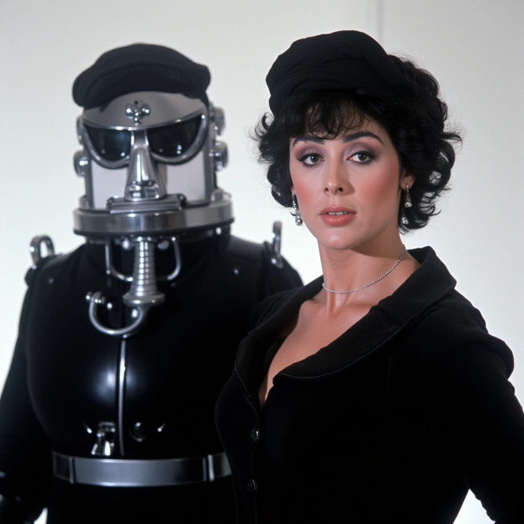 cinematic film still of <lora:1980's Cobra film style v1:0.8>
In 1980's cinematic film style Brigitte Nielsen Ingrid a woman in a black dress and turban headwear posing next to a robot in a white room, solo, black hair, white background, hat, brown eyes, upper body, earrings, black eyes, black headwear, beanie, sweater, makeup, black sweater
, shallow depth of field, vignette, highly detailed, high budget, bokeh, cinemascope, moody, epic, gorgeous, film grain, grainy