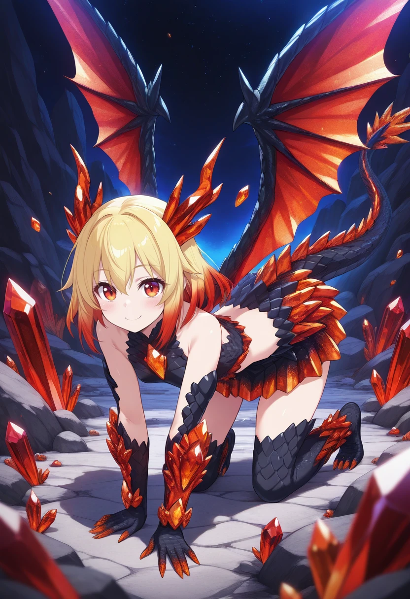 masterpiece,best quality,amazing quality, very aesthetic, ((outlined outlined vector graphics)), front view , looking at viewer, full body,
1girl, small breast, crystal dragon girl,amber crystals, smile, futtora face, black dragon scales, dragon scale tail, red crystal wings, detailed background,black dragon scale wings, galaxy, 30yo, mature female, black dragon scale skirt ,black dragon scale legs, black dragon scale arms, all fours , , , <lora:futtora02-il-02:1>