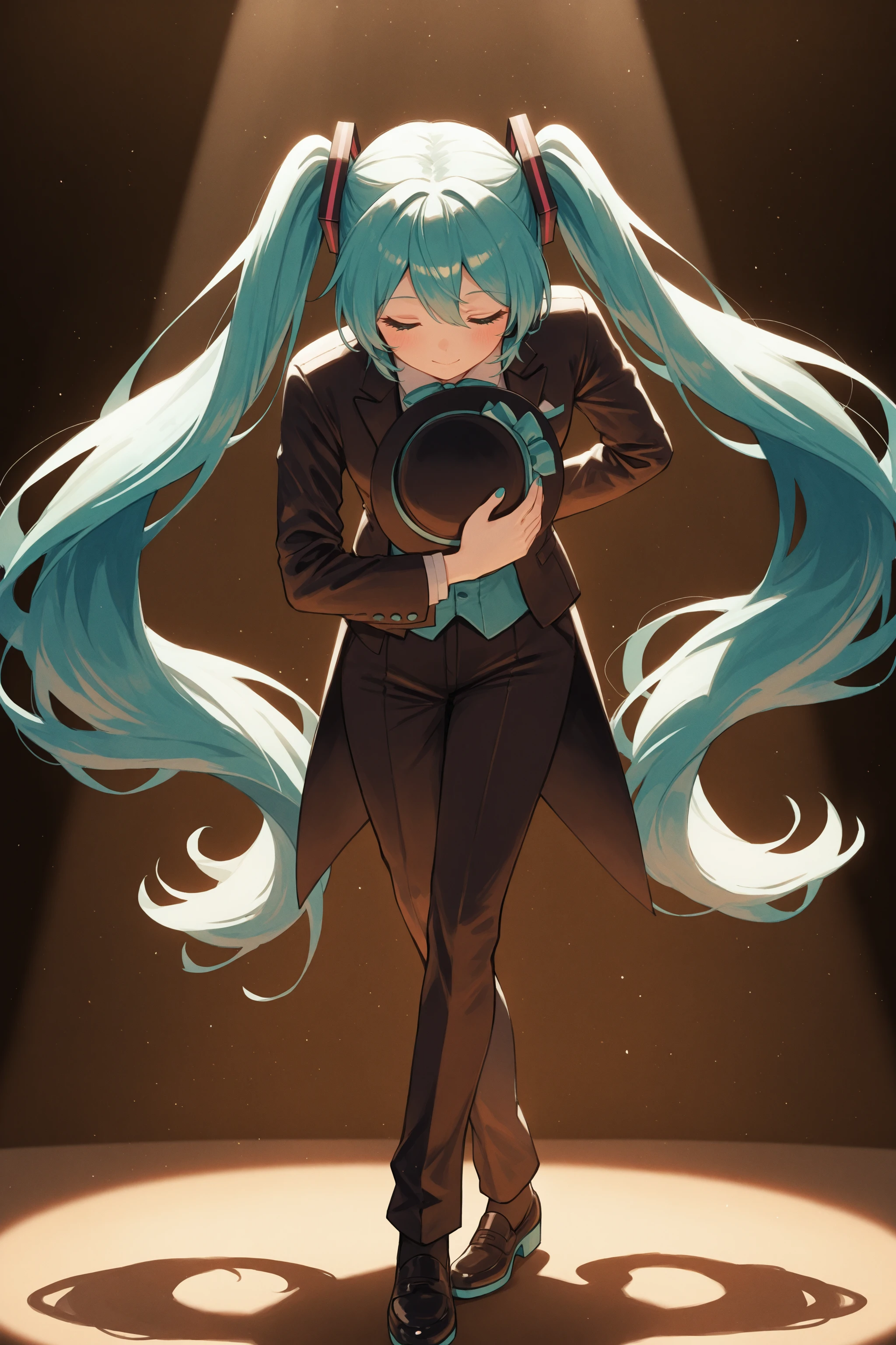 masterpiece, best quality, absurdres, safe
(1girl, hatsune miku:1.1), butler bowing, bowing, holding hat, stage, spotlight, dark background, solo
<lora:butler_bowing_il_d16:1>