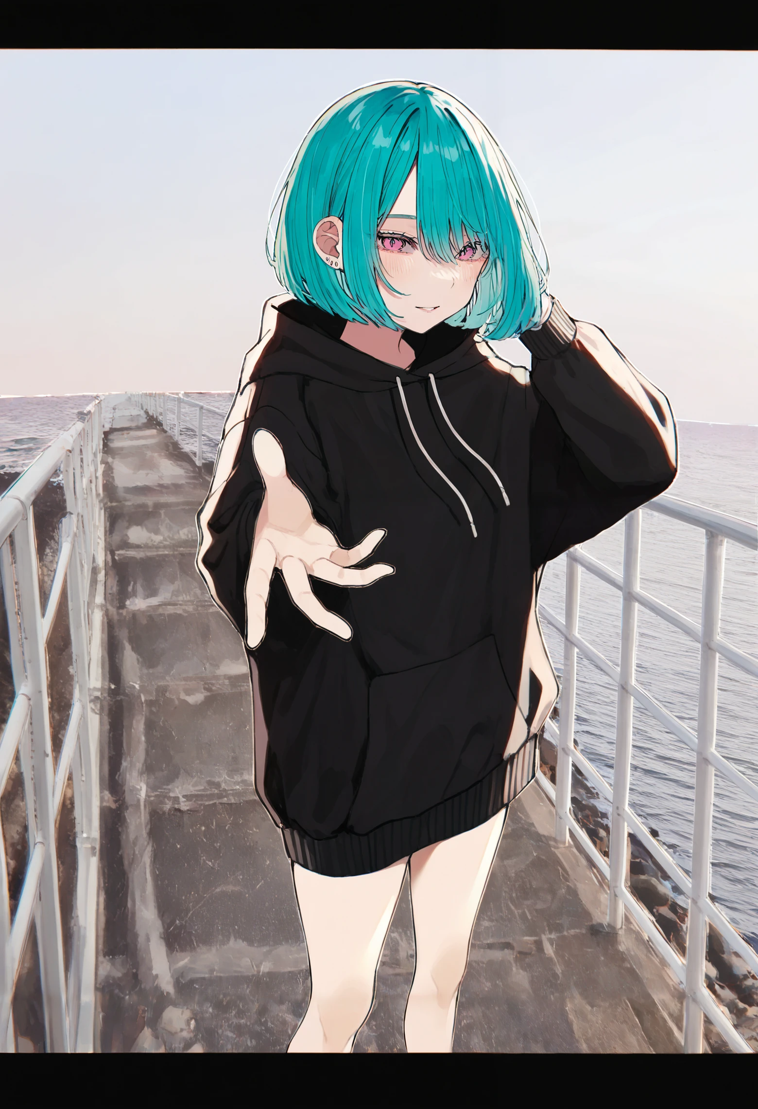1girl, solo, aqua hair, hair between eyes, pink eyes, bob cut, stud earrings, hooded sweater, long sleeves, black shirt, feet out of frame,
outdoors, ocean, sky, railing, bridge, horizon, outstretched arm, reaching towards viewer, hand in own hair,
cinematic short, letterboxed, chromatic aberration,
very awa, masterpiece, highres, amazing quality, newest, absurdres,
<lora:hamunezuko:0.9>,
<lora:spo_sdxl_10ep_4k-data_lora_webui:0.75>