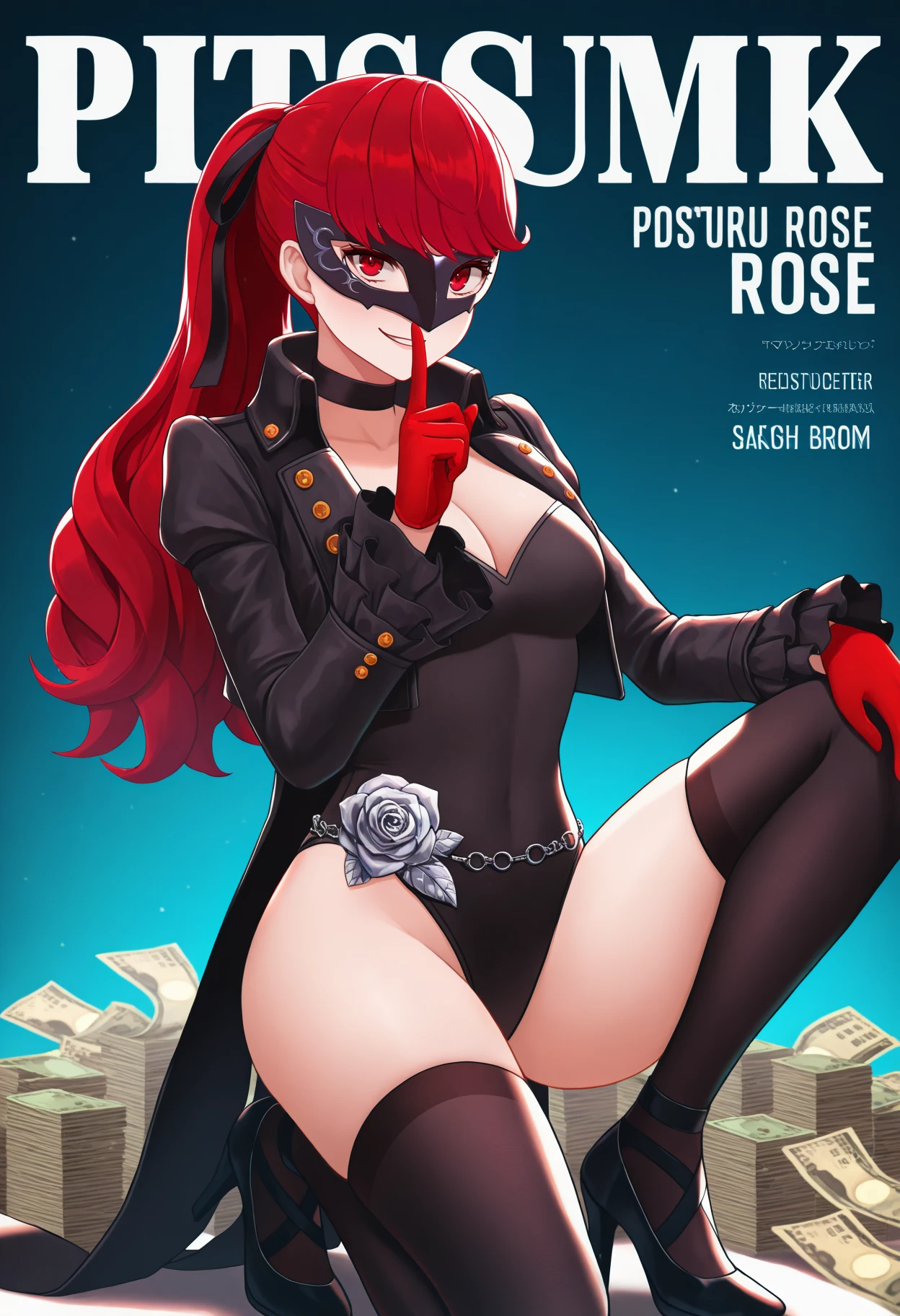 masterpiece, best quality, 1girl, on one knee, smirk, looking at viewer, shushing, fake magazine cover, sheathed, money, <lora:KasumiP5-illu:1> ptSumi, red hair, long hair, ponytail, hair ribbon, black ribbon, swept bangs, black mask, red eyes, black choker, black jacket, open jacket, cropped jacket, coattails, black leotard, cleavage, belly chain, silver rose, frilled sleeves, red gloves, black thighhighs, high heels, black footwear