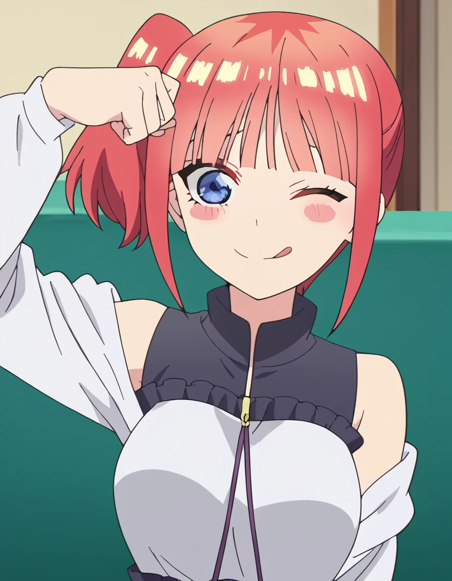 score_9, score_8_up, score_7_up, source_anime, <lora:nino-nakano-honeymoon-ponyxl-lora-nochekaiser:1>, nino nakano, short hair, bangs, blue eyes, large breasts, pink hair, blunt bangs, side ponytail, anime screencap, <lora:dojikko-pose-ponyxl-lora-nochekaiser:1>, dojikko pose, blush, heart, blush stickers, smile, tongue out, arm up, looking at viewer, one eye closed, ,