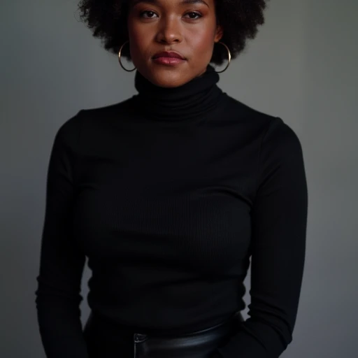 A sexy dark-skinned African-American woman wearing a snug black turtleneck that accentuates her large breasts.
