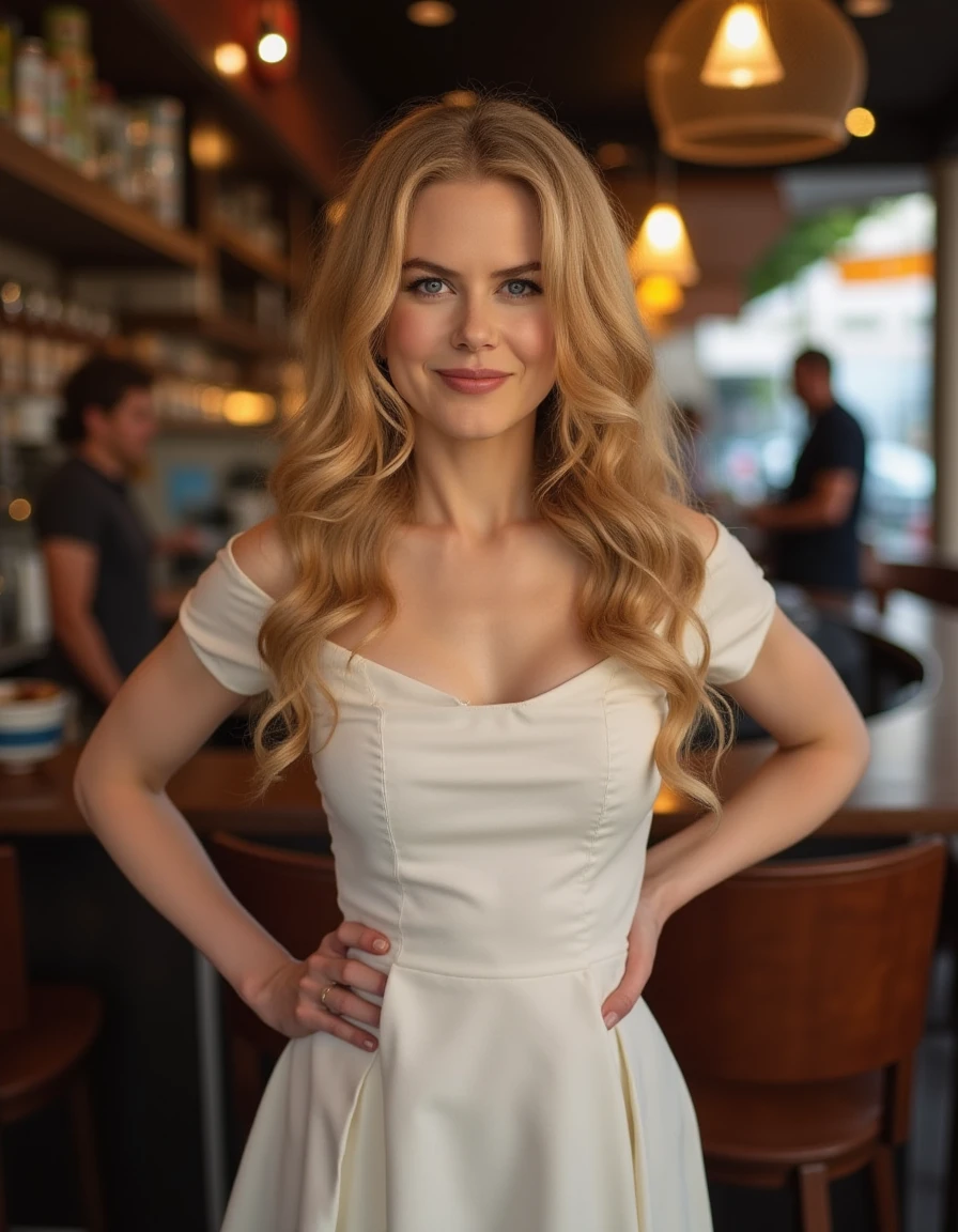 <lora:Nicole_Kidman_Flux:1.1> This is a beautiful photograph of a woman, blonde hair styled in loose waves that fall past her shoulders. She is wearing a boatneck dress. Standing in a cafe hand on hip. Looking at the viewer. Smile.