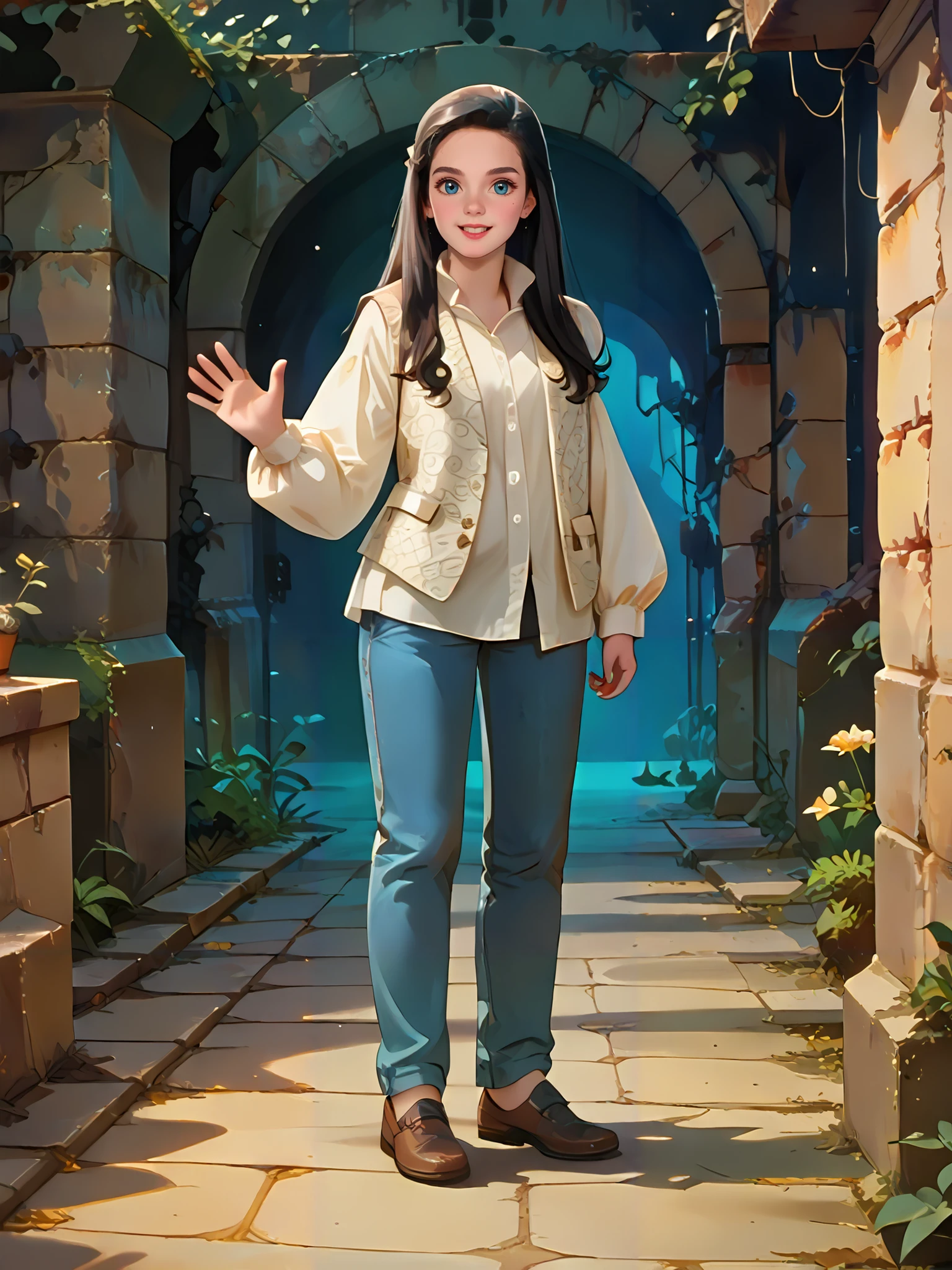 <lora:Animated_Cartoon:1> 4n1m4710n_c4rt00n, score_9, score_8_up, score_7_up, score_6_up, waving,
<lora:Sara_Williams_-_Labyrinth:0.8> labyrinth_sara_williams, 1girl, solo, black hair, long hair, white shirt, long sleeves, puffy sleeves, white vest, patterned fabric, jeans, leather shoes, smile