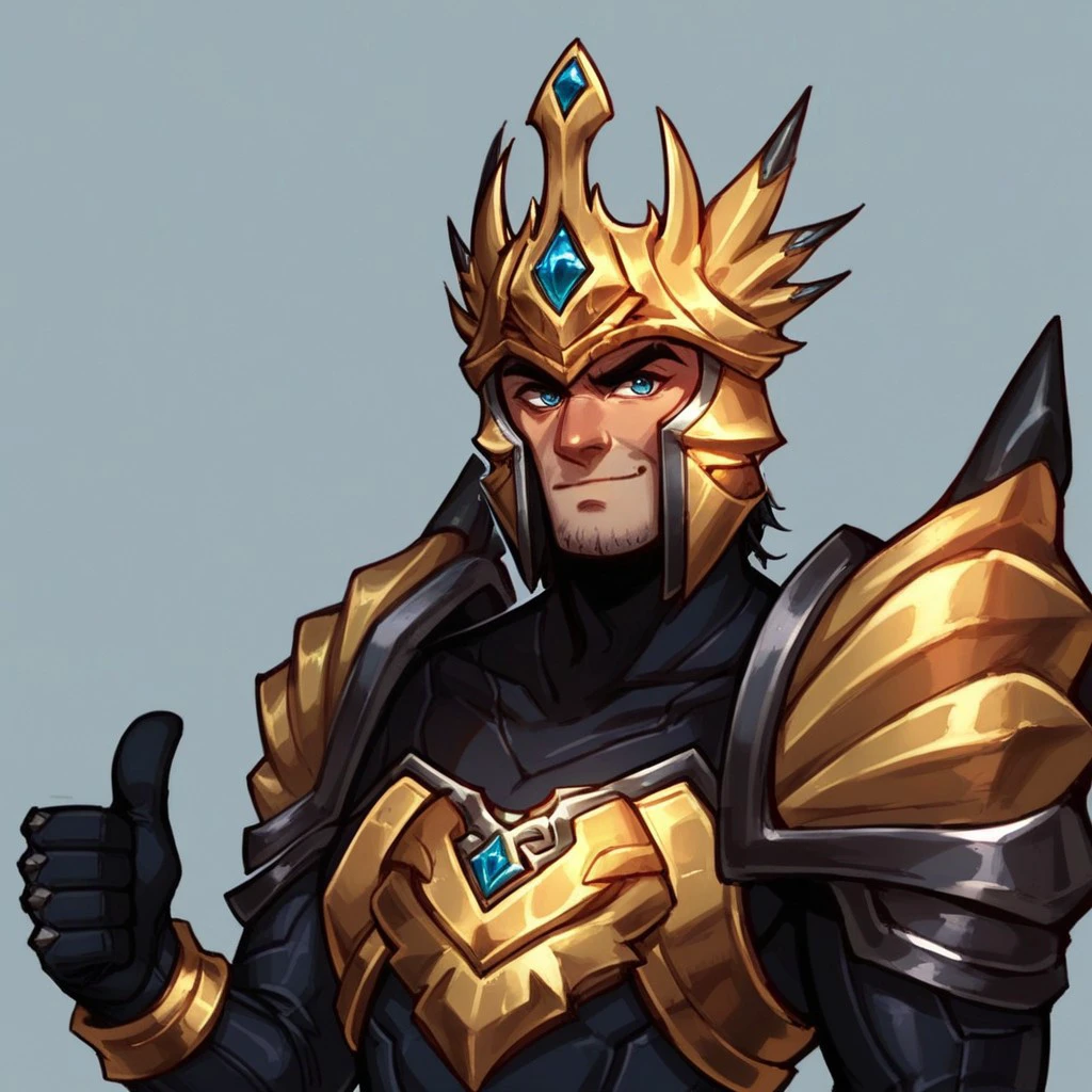 Zpdxl3, Score_7_up, score_8_up, Solo male, upper body,
BREAK,
jarvan, helmet, armor, Black skinsuit, (thumbs up), simple background,
