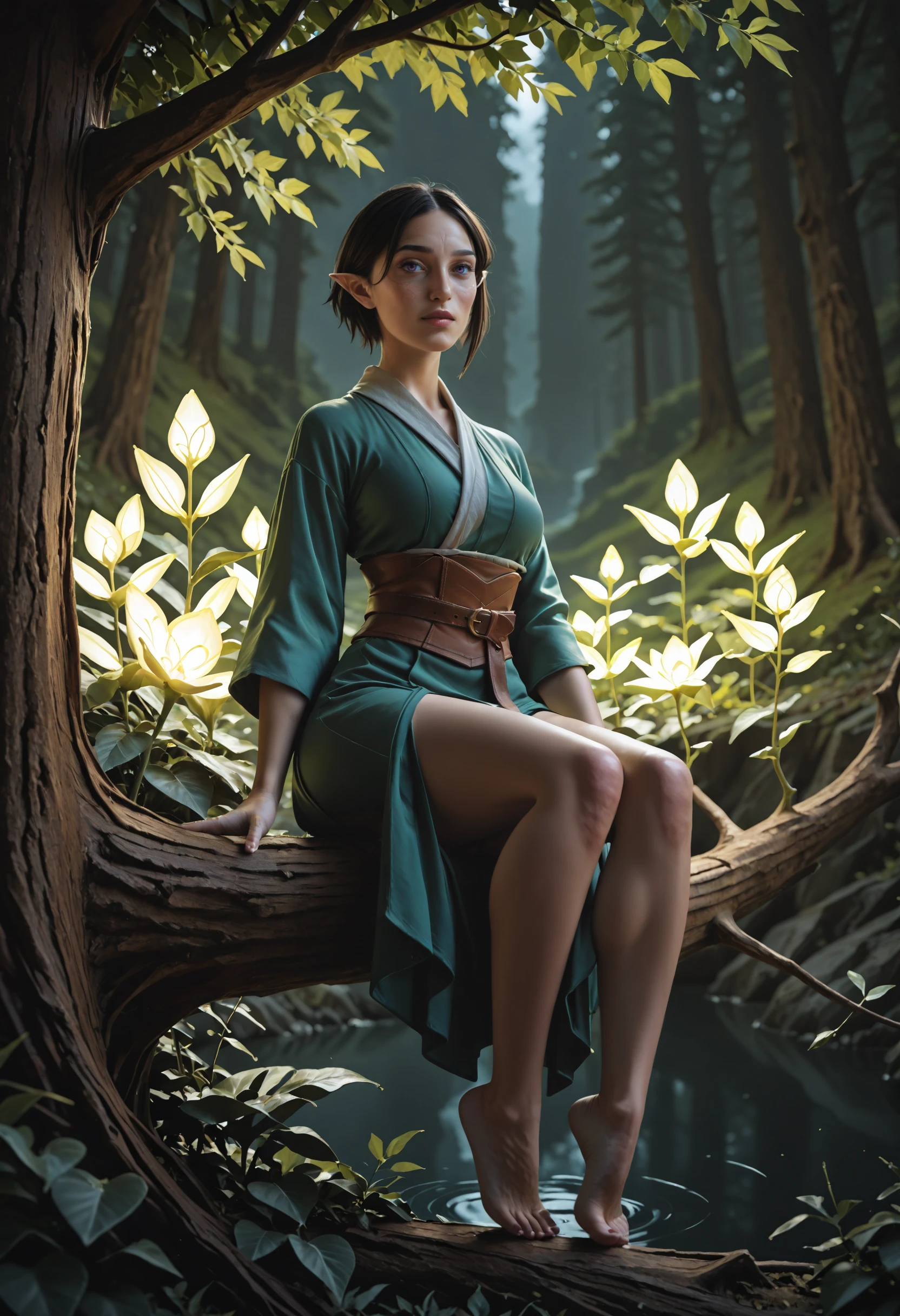 Smooth Quality - Illustrious, Masterpiece, best quality, amazing quality, very aesthetic, high resolution, ultra-detailed, absurdres, HDR, cinematic lighting, highres, newest, 
merrill_(dragon_age_2), dalish, 1girl,  solo, pointy ears,, green eyes,  realistic, sitting_in_tree, perched on a branch, short hair, black hair, hair_ornament, green kimono, glowing plants, photorealistic,