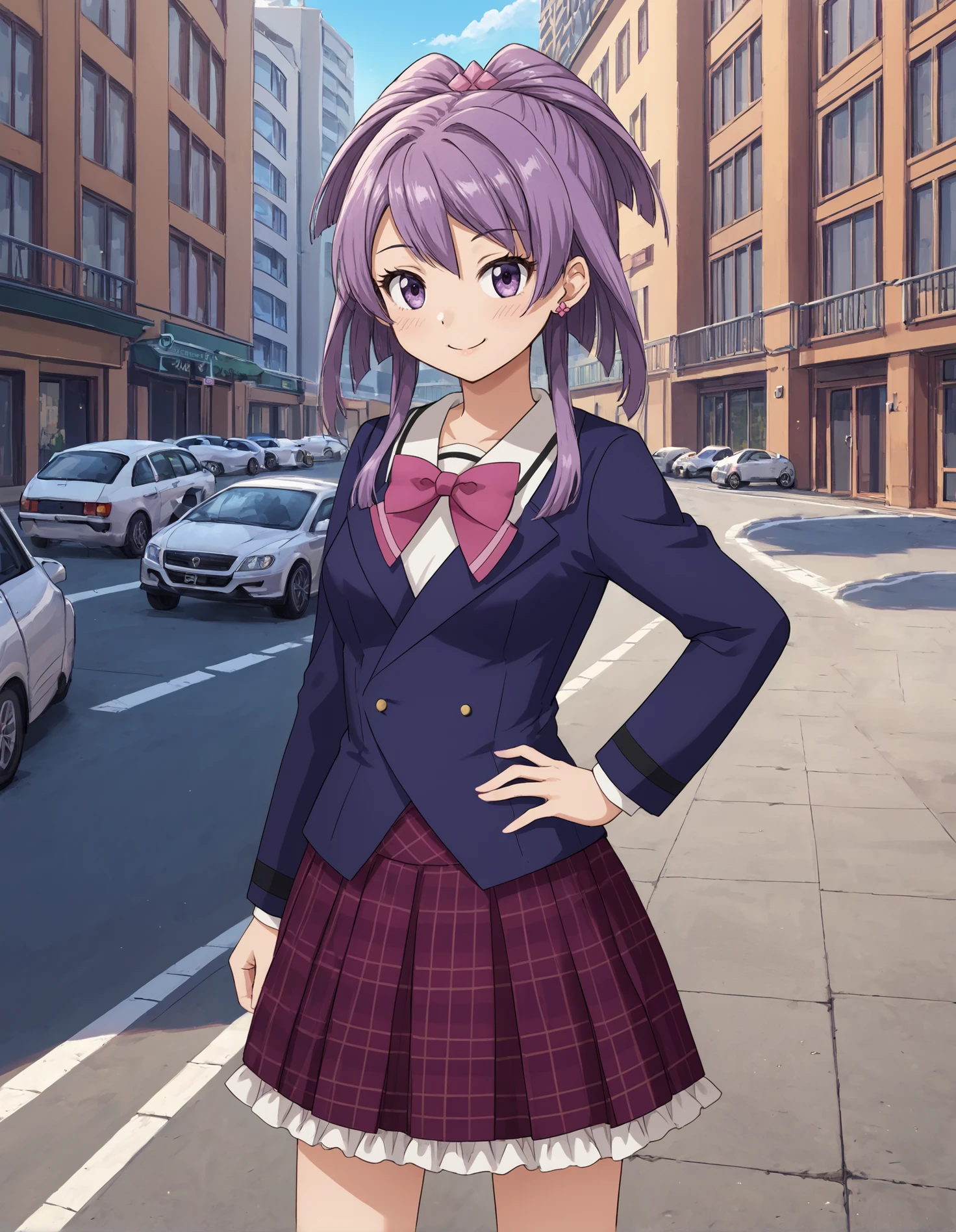 score_9, score_8_up, source_anime, 1girl, upper body, medium shot, detailed, mgrcaikahimena, purple hair, purple eyes, half undo, pink earrings, pink hairclip, white shirt, purple blazer, pink bowtie, red frilled skirt, (side view:0.8), hand on hip, light smile, outdoors, city, street, day, <lora:mgrcaikahimena_XL:0.9>