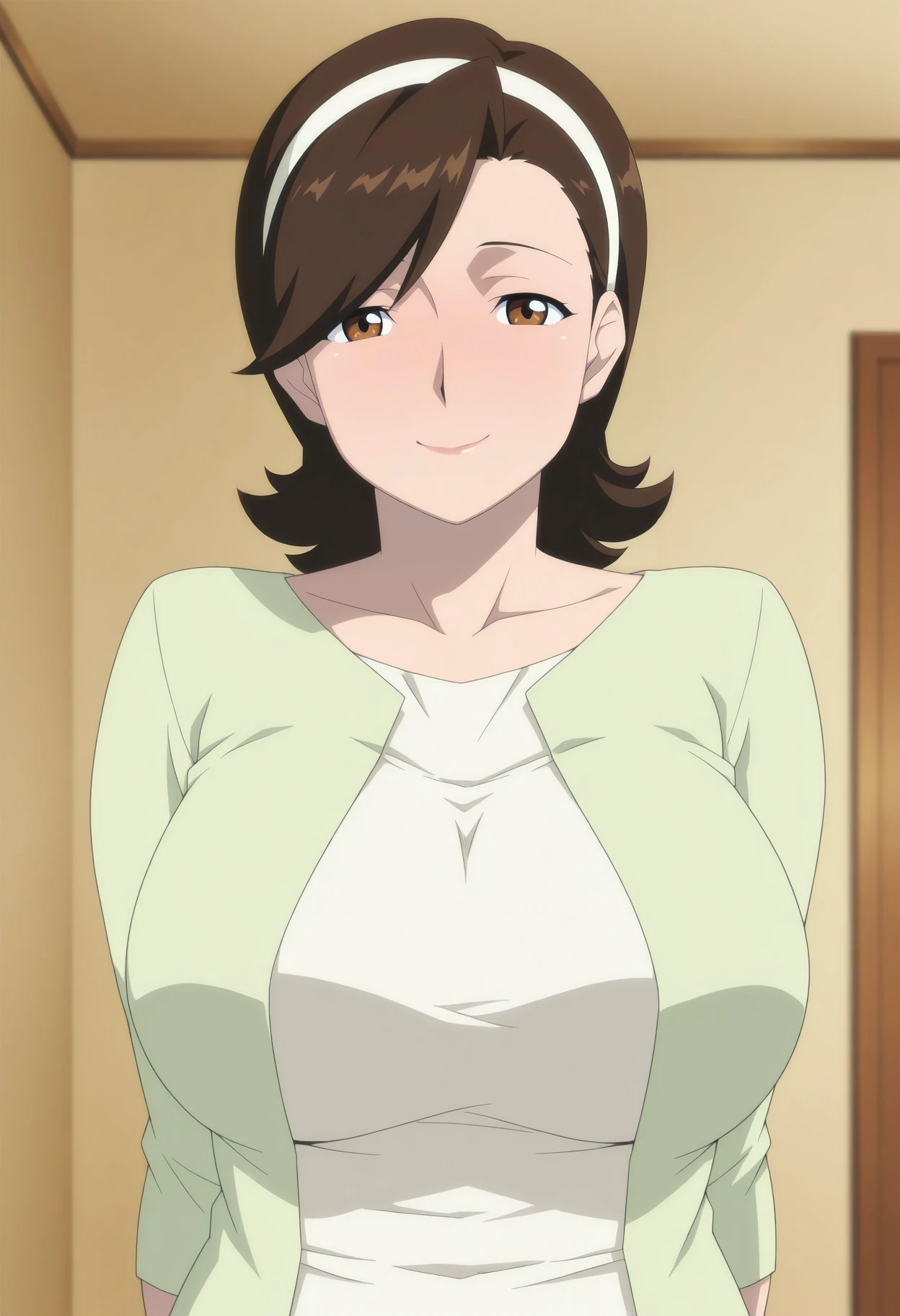 1girl,solo,mm,mature female,brown hair,short hair,hairband,brown eyes