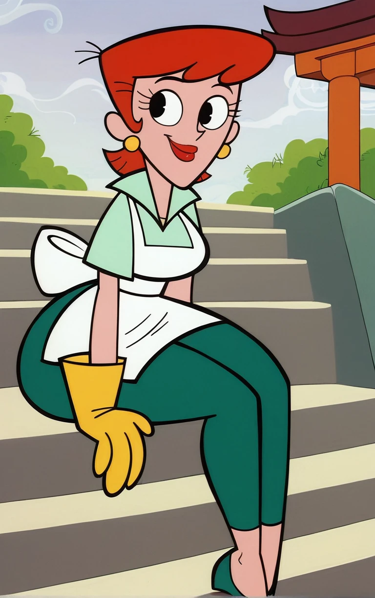 score_9, score_8_up, score_7_up, BREAK
MainOutfit_DextersMom_ownwaifu,
1girl, aqua shirt, breasts, collared shirt, earrings, eyelashes, green leggings, narrow waist, oven mitts, red hair, red lips, short hair, thick thighs, white apron, wide hips, yellow gloves, jewelry, lipstick, makeup, apron, black eyes, short sleeves,
(sitting on stairs, dappled sunlight), summer, torii, stairs, stone lantern, sunlight, pavement, outdoors,<lora:PONYXL_MOM_DextersMom_ownwaifu:0.80>, solo,