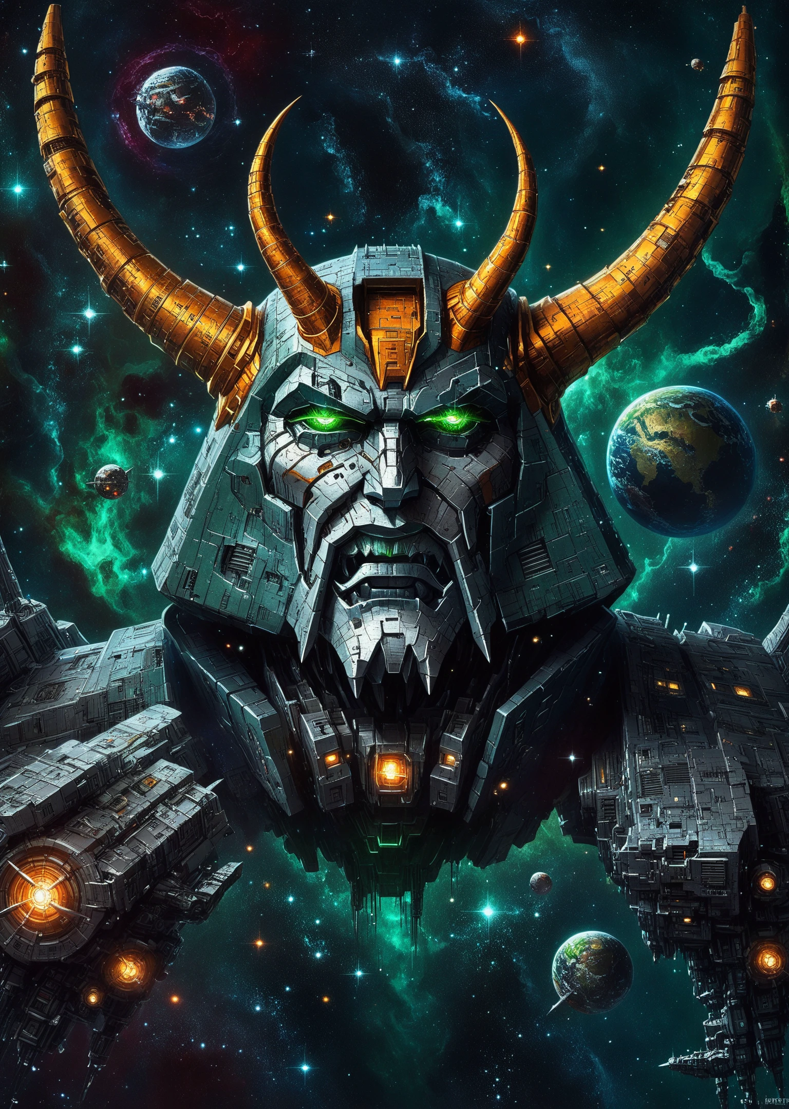 Unicron, masterpice retrostyle sci-fi art, anime, severed head of giant robot in space, detailed metal face, green eyes, horns, wings, stars, planet, space, 2d, digital painting, high quality, high detailed, sharp focus<lora:lora\Unicron_G1.safetensors:1.0:1.0>
