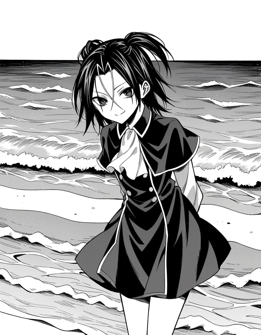 score_9, score_8_up, score_7_up, source_anime, <lora:akua-shuzen-manga-ponyxl-lora-nochekaiser:1>, akua shuzen, monochrome, greyscale, medium hair, twintails, parted bangs, hair between eyes,, dress, ascot, capelet, black dress, black skirt, white ascot,, beach, sunset, walking along shore, footprints in sand, waves, peaceful, smile, hands behind back, bent over,, looking at viewer, solo,, cowboy shot, solo