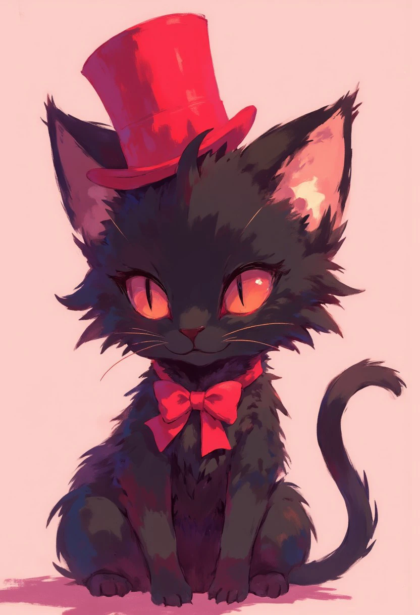 A black kitty wearing a tophat and a red bowtie. soft pastel anime
