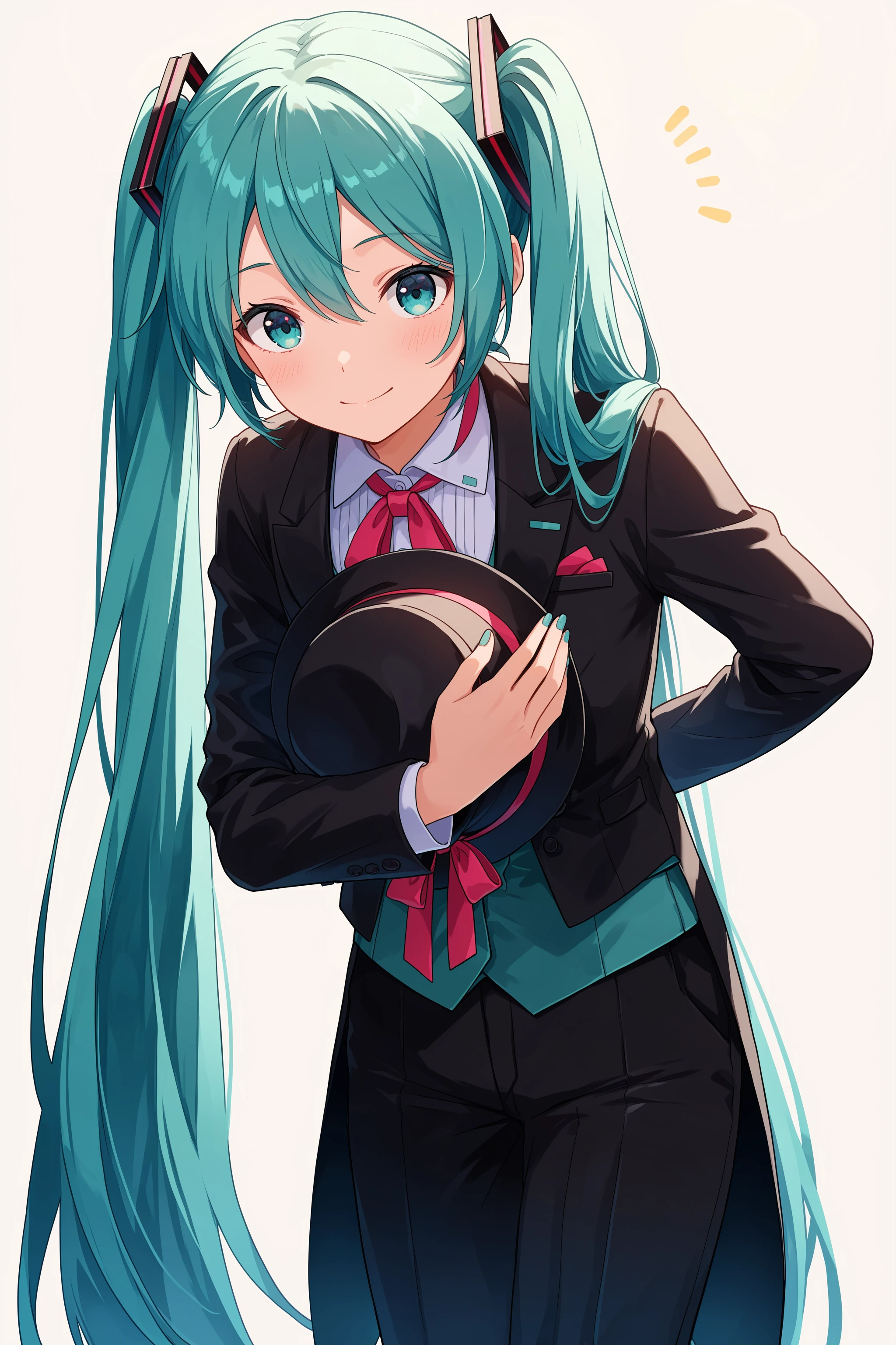 masterpiece, best quality, absurdres, safe
1girl, hatsune miku, butler bowing, bowing, holding hat
<lora:butler_bowing_il_d16:1>