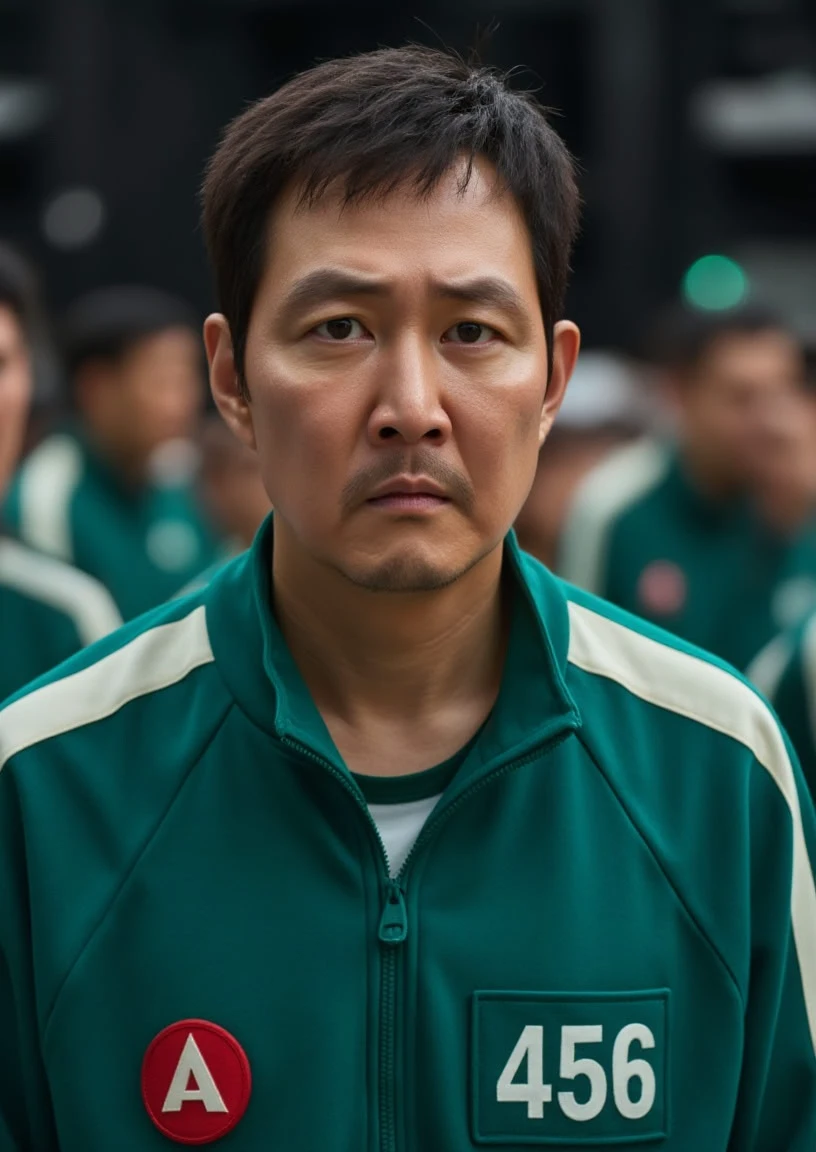 A front view half body photo of Player456, wearing green jacket, looks serious, professional photo, crowd wearing the same jackets on background, preparing for tournament