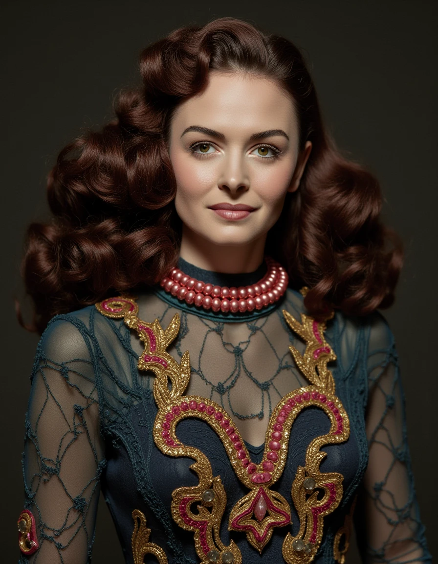 wearing a space dress with a collar that looks like the rings of saturn with different colored rings with elaborately curled hair <lora:donna-reed-flux:1.1>