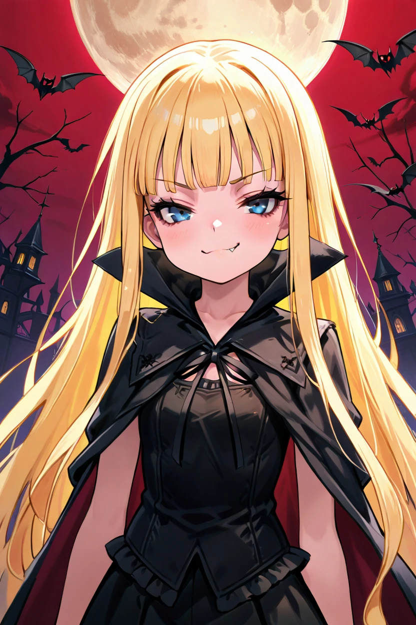 masterpiece, best quality, 1girl, solo, eyelashes, (beautiful eyes), zzEvangeline, ccEva, cape, black skirt, moon, bat (animal), vampire, very long hair, smile, fang, smug, <lora:EvangelineMcdowellIXL:1.0>,