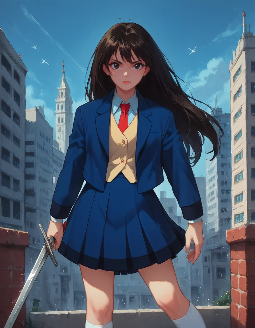 score_9, score_8_up, score_7_up, zPDXL, masterpiece, source_anime<lora:sn0wStyle:1> <lora:HKHorrorXL:1>1girl, solo, black hair, school uniform, long hair, weapon, skirt, 1sword, black eyes, socks, jacket, setsuna saizuki<lora:Setsuna_Saizuki_Evil_Zone:0.8>outdoor city, dynamic pose